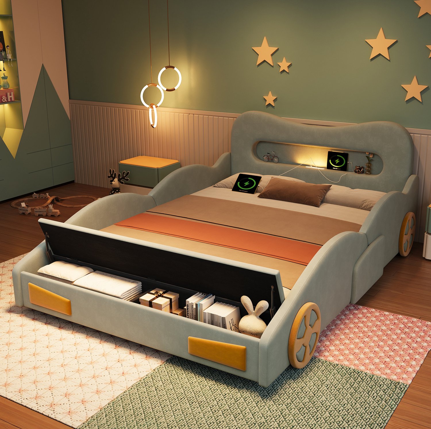 HAUSS SPOLE Kinderbed 140x200 cm - Autobed met Leeslamp en Oplaadaansluiting - Opbergruimte aan het Voeteneind - Zonder matras - Fluweel - Groen