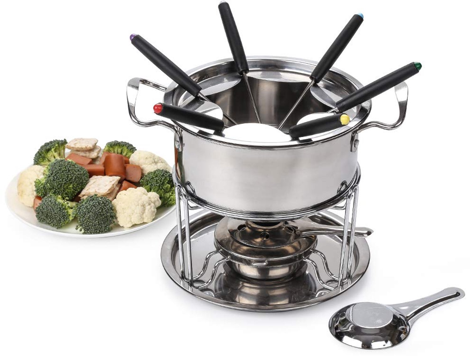 Kaasfondueset voor 6 Personen – RVS Fonduepan – Inclusief Brander, Spatbescherming en 6 Vorken – Zilver – foto 6