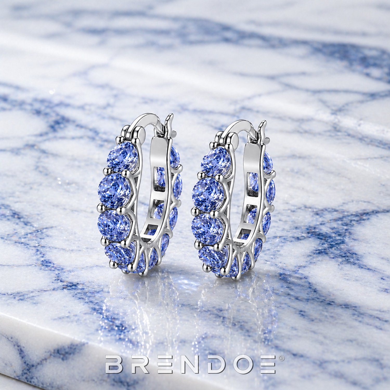 Brendoe Zilverkleurige Oorringen Dames – Blauwe Synthetische Stenen – Elegante Statement Oorbellen – 2 cm