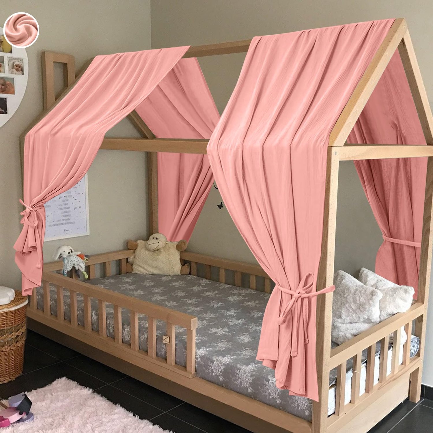 Prinsessen Bedhemel - 100% Organisch Mousseline Katoen Set voor Kinderen - Donkerroze
