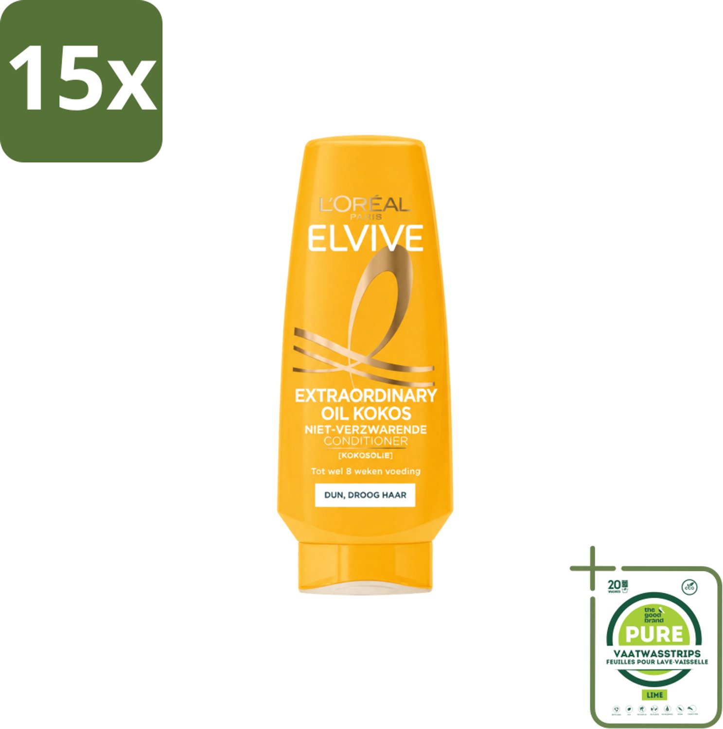 15 x L’Oréal Paris Elvive – Conditioner – Extraordinary Oil Kokos – 200 ml - Grootverpakking - Vaatwasstrips - Kokosolie Conditioner - Droog Haar - Haar Verzorging - Haar Voeding - Haar Zachtheid
