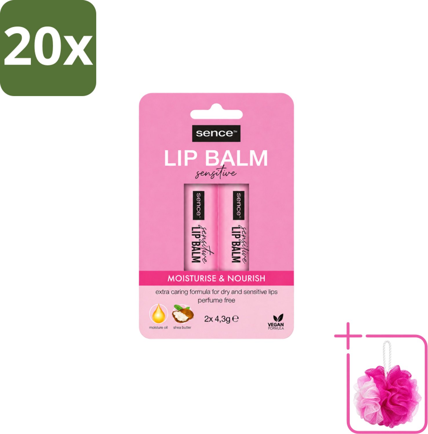 20 x Sence - Moisturise & Nourish - Lippenbalsem Duo - Voedend - 2 x 4,3 g - Bulkverpakking - Lippenbalsem - Douchemop - Voedend lippenbalsem