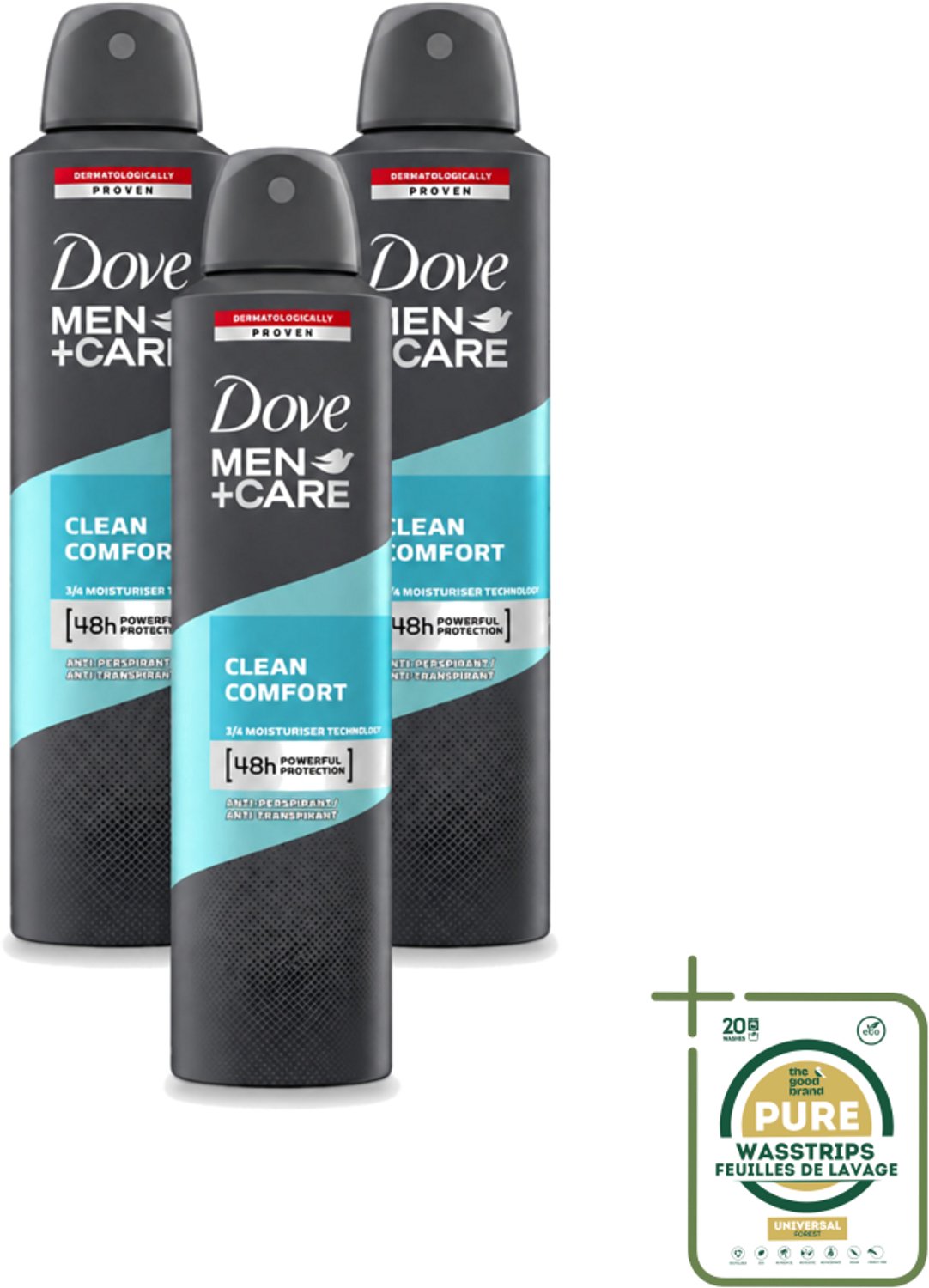 3 x Dove - Deodorant - Men Care Clean Comfort - Comfort en verzorging - 48 uur bescherming - 250 ml - Wasstrips - Deodorant Voor Mannen - 48 Uur Bescherming - Huidverzorging - Zweet En Geur - Mannelijke Verzorging