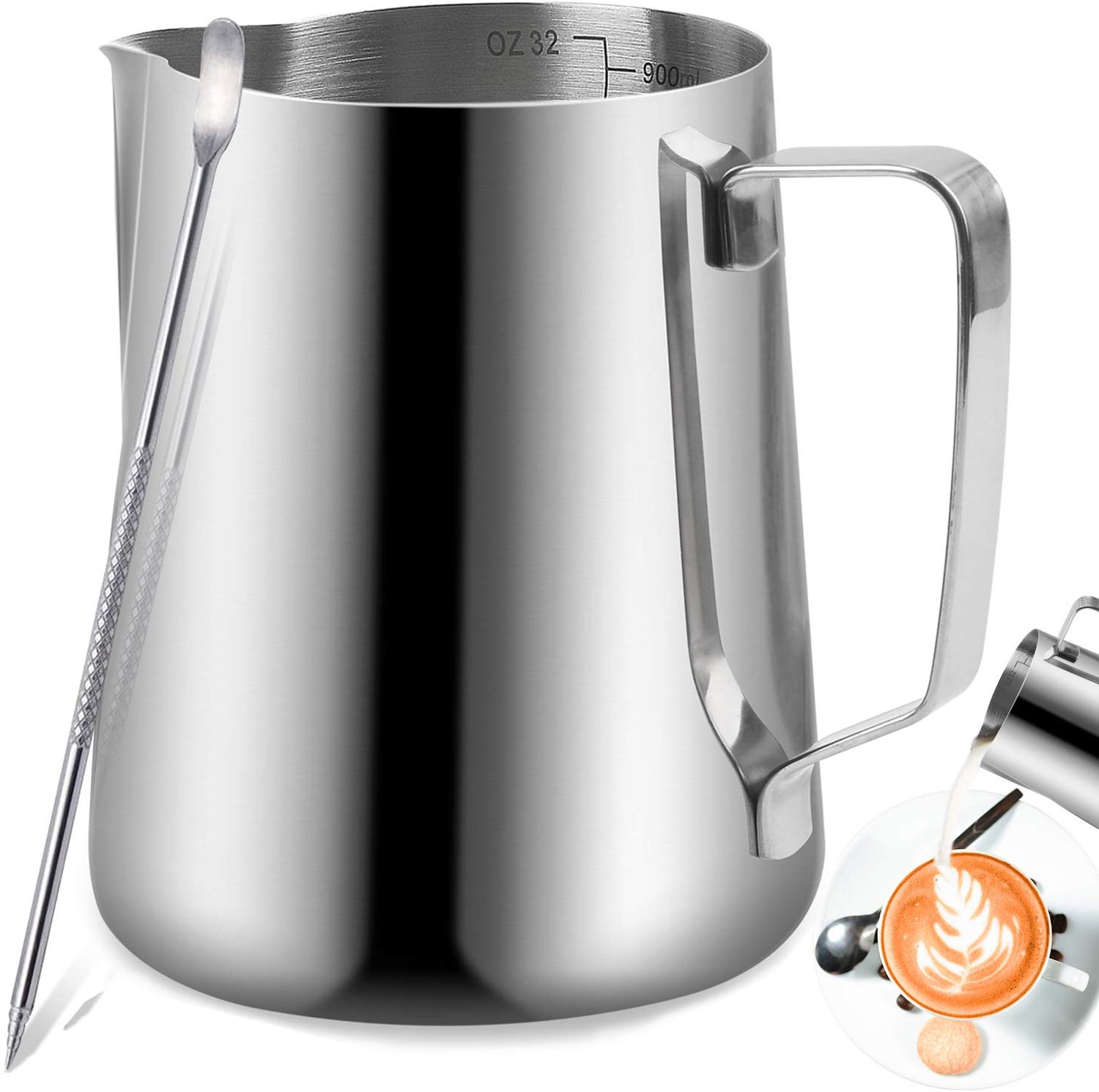 Melkschuimkruik 900 ml - Roestvrij Staal - Dripless Uitloop - Latte Art Pen - Comfortabele Grip - Vaatwasmachinebestendig - Koffiekruik