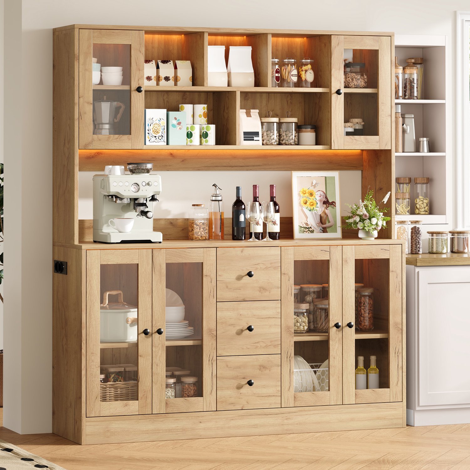 HAUSS SPOLE Keukenkast - Hoge Opbergkast Met Ledverlichting En Stopcontacten - 3 Lades En 6 Acryldeuren - Mdf - 150 X 40 X 173 Cm - Naturel
