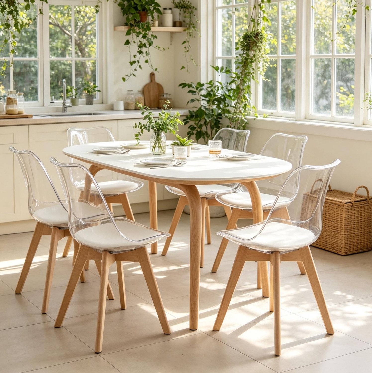 HAUSS SPOLE Eetkamerstoelen Set van 6 - Witte Zitting met Kunstleren Kussen - Transparante Kuipstoel met Houten Poten - Voor Eetkamer en Woonkamer