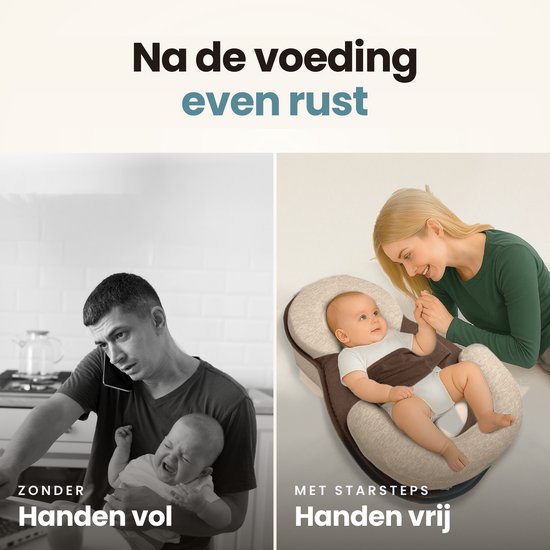 Vergelijking: huilende baby zonder babynestje versus tevreden baby rustend in StarSteps nestje terwijl moeder toekijkt.