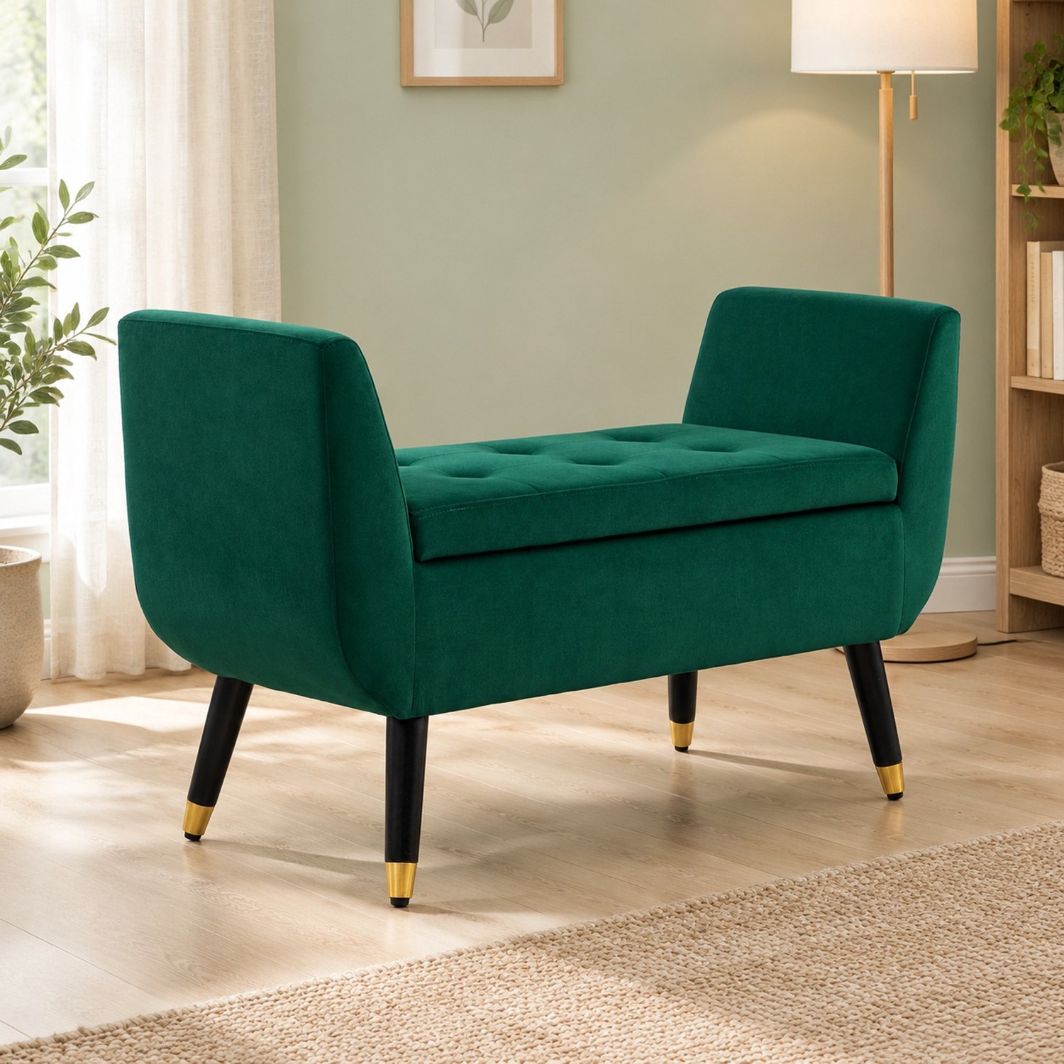 HAUSS SPOLE Opbergbank - Gestoffeerd Bankje Met Klep En Armleuningen - Voor Hal En Woonkamer - Polyester En Hout - 107x42x65 Cm - Groen