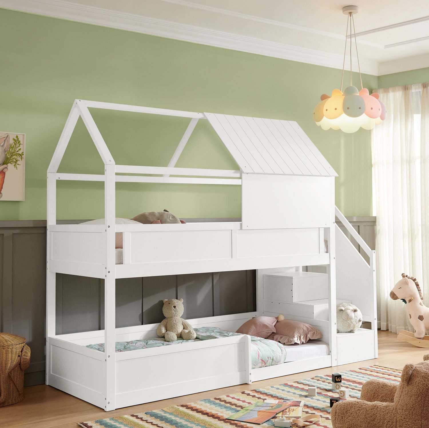 Wishdor Stapelbed 80x200 cm - Twee slaapplaatsen met zijtrap en leuningen - Huisbed met dak en uitvalbeveiliging - Kinderkamer voor broer en zus - Hout - Wit