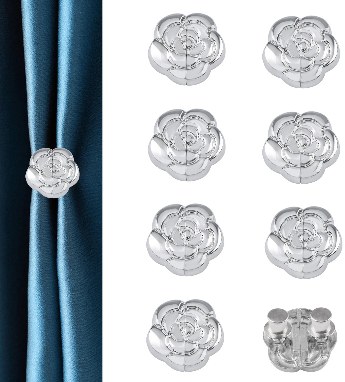 8 Paar Magnetische Gordijnsluitingen - Decoratieve Gordijn Gespen Zilver