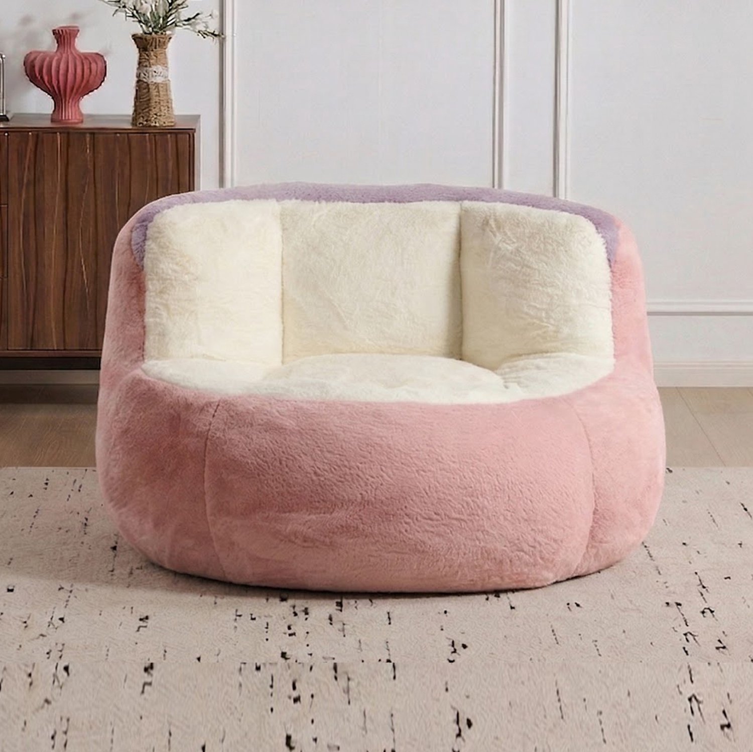 MEUNIQ Zitzakstoel met rugleuning en armleuningen, 106 x 110 x 77 cm, imitatiebont en schuimvulling, voor de woonkamer, roze, wit en paars