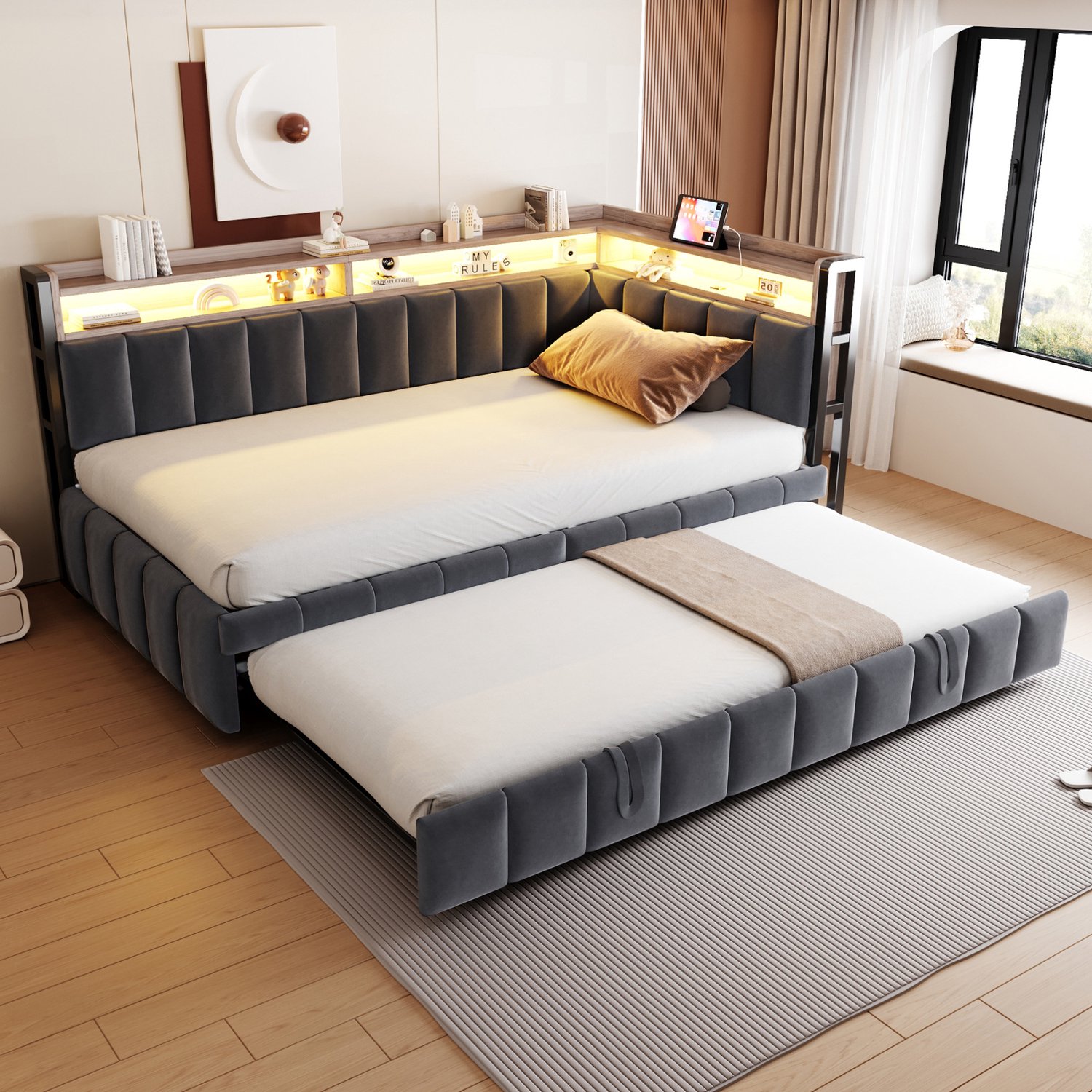 HAUSS SPOLE Gestoffeerde Slaapbank 90x200 cm - Uitschuifbed met Verlichting en Oplaadaansluitingen - Zonder matras - Fluweel - Donkergrijs