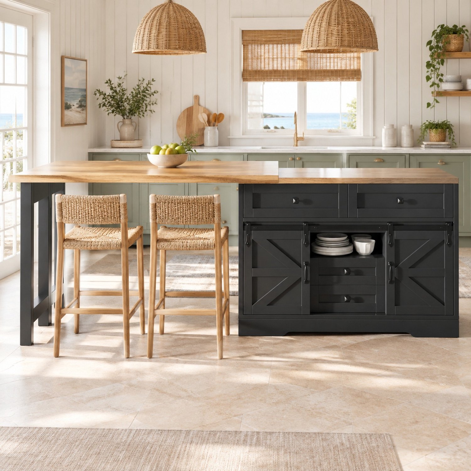 Wishdor Uitschuifbaar keukeneiland en eettafel - Draaibare tafelbladen - Zijkast met verborgen lades en schuifdeur - Eikenlook en MDF - Zwart - Voor keuken en eetkamer - 120-197 x 40 x 72 cm
