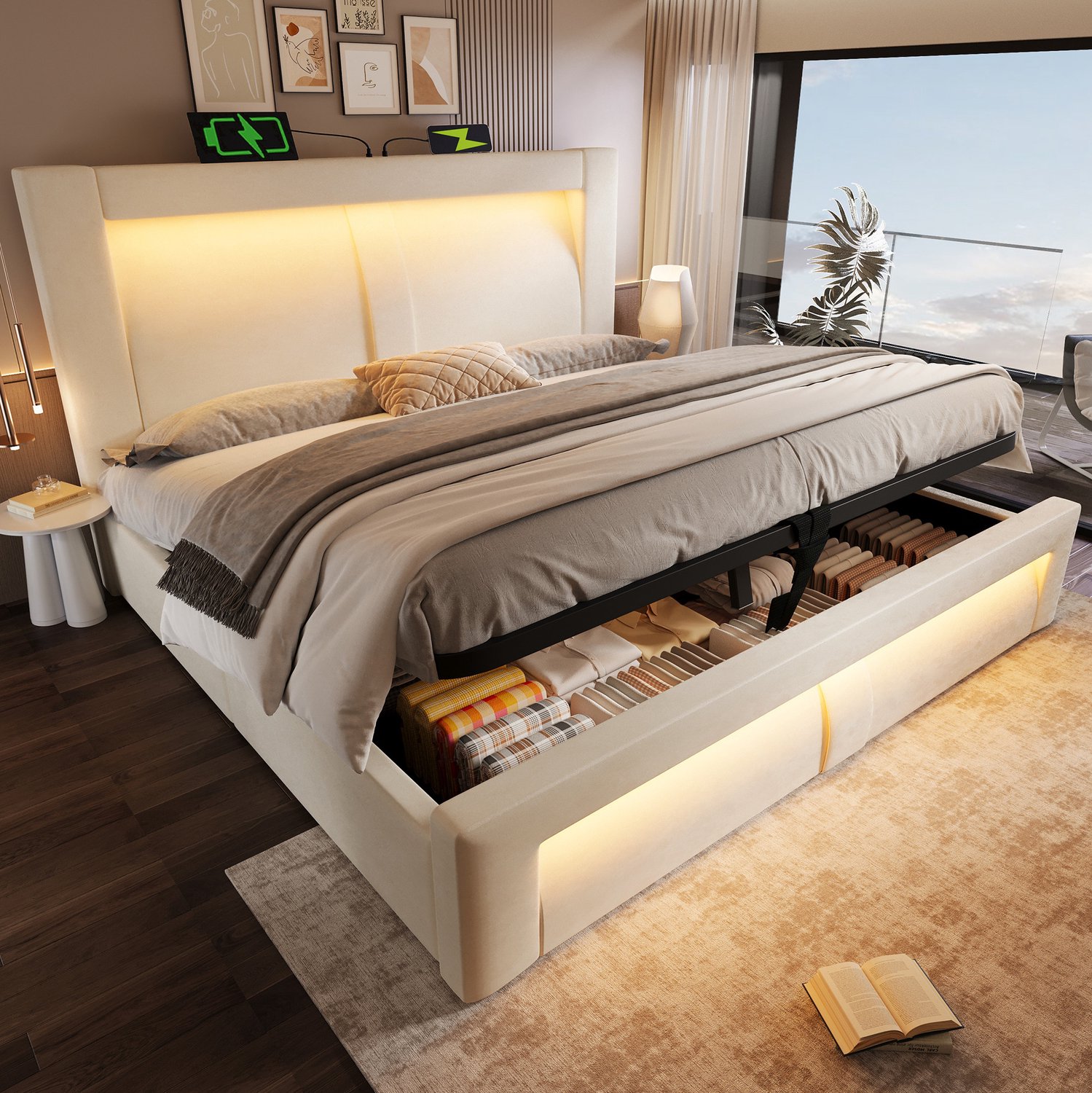 Wishdor Tweepersoonsbed 140x200 cm - Hydraulische opbergruimte - Inclusief matras en lattenbodem - LED met app en afstandsbediening - USB en USB-C - Beige fluweel