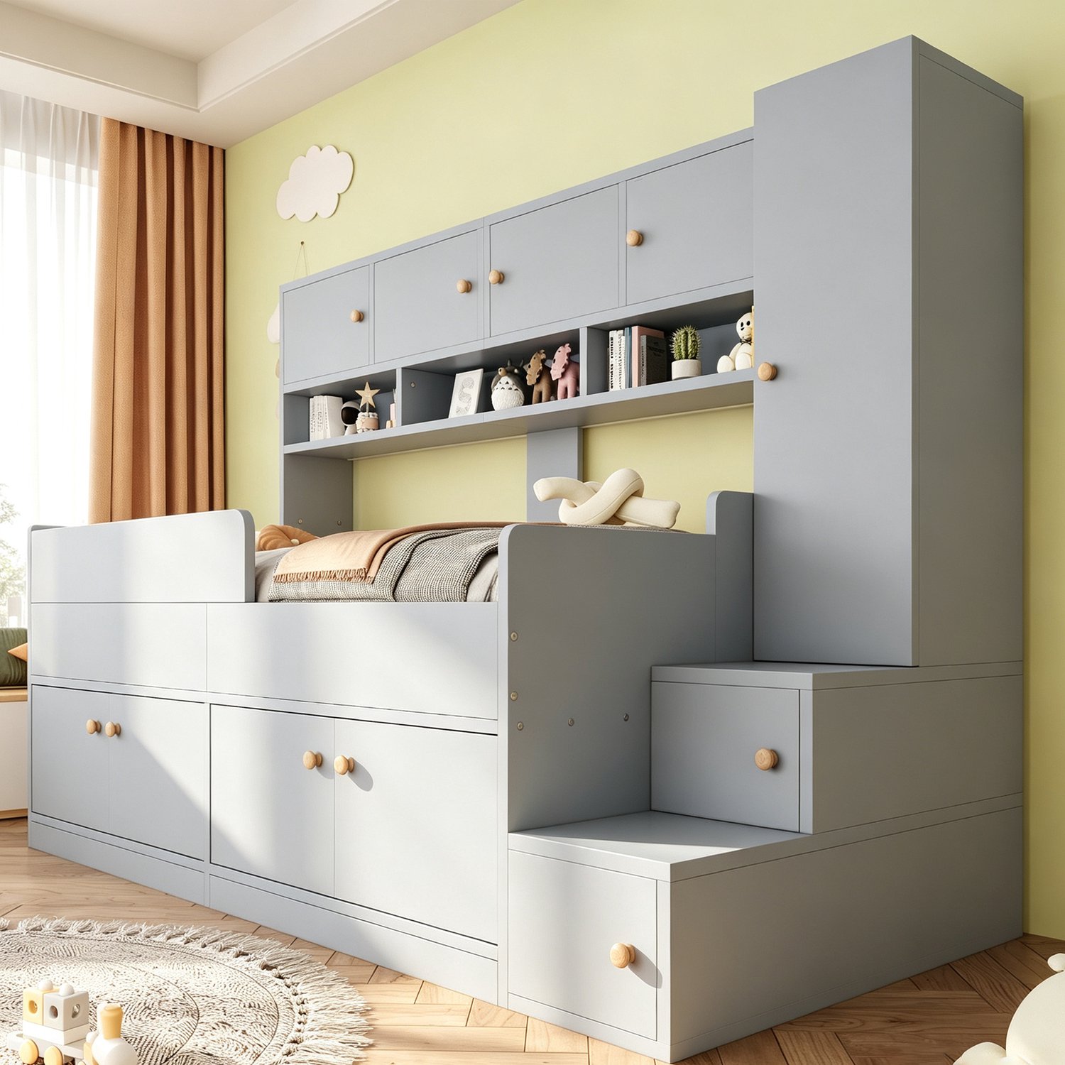 HAUSS SPOLE Kinderhoogslaper 90x200 cm - Kinderbed met Opbergladder en Veiligheidsreling - Kasten en Ledverlichting - Matras Niet Vermeld - Hout - Grijs