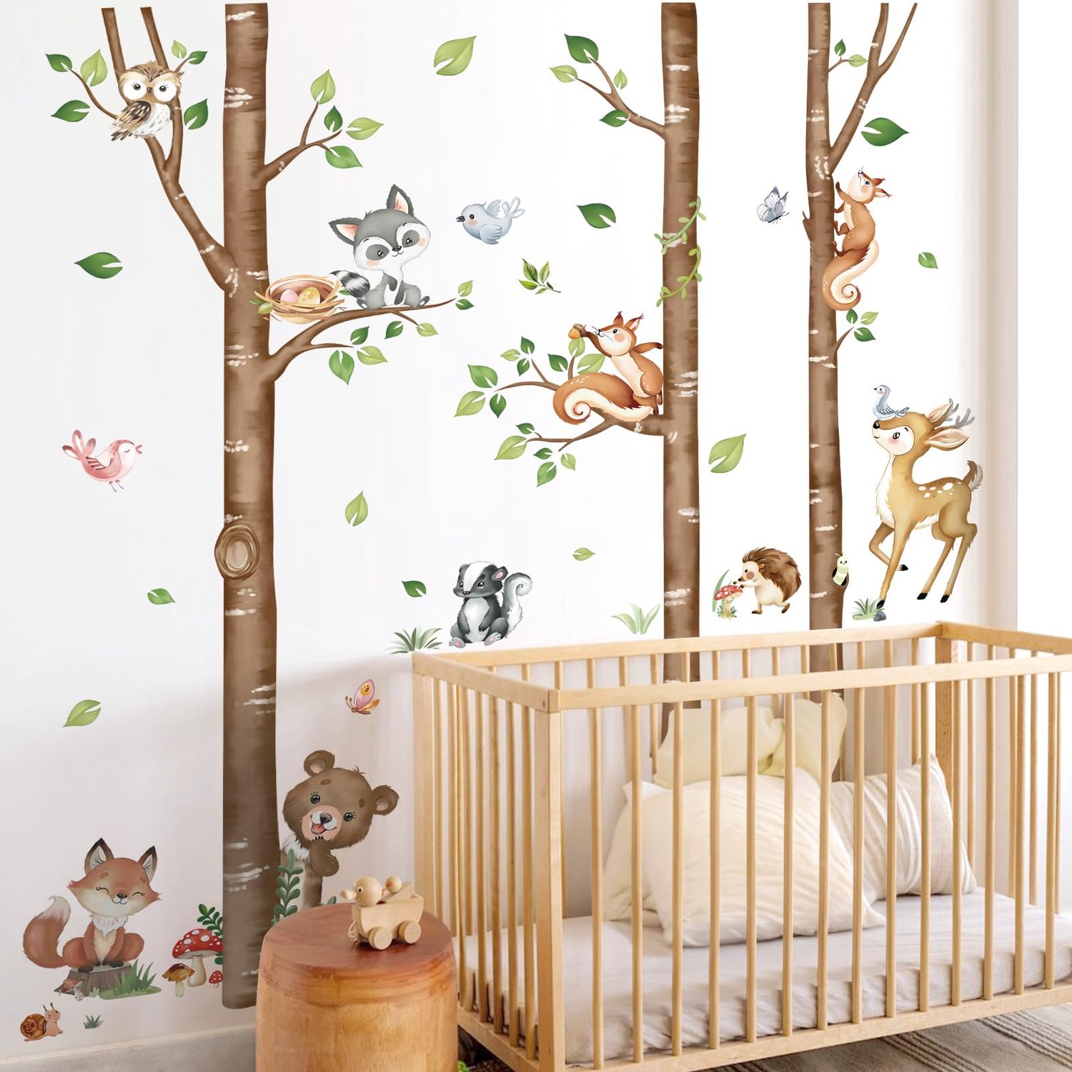 Muurstickers Grote Berkenboom - Muurstickers Bosdieren - Muurstickers Babykamer - Muurdecoratie Woonkamer - Hoogwaardig PVC - Eenvoudig te verwijderen - Wanddecoratie