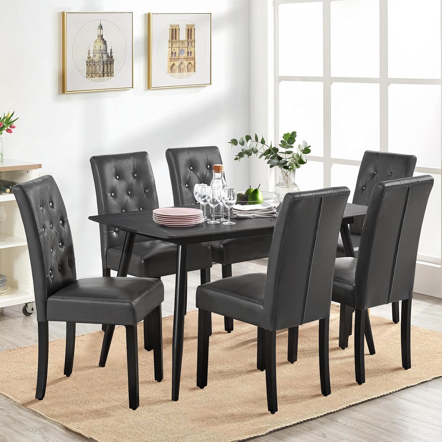 Luxe Eetkamerstoelen Set van 4 met Armleuningen en Hoge Rugleuning – Grijze Kunstleren Keukenstoelen met Comfortabele Gewatteerde Zitting, Golfveren en Massief Rubberhouten Poten