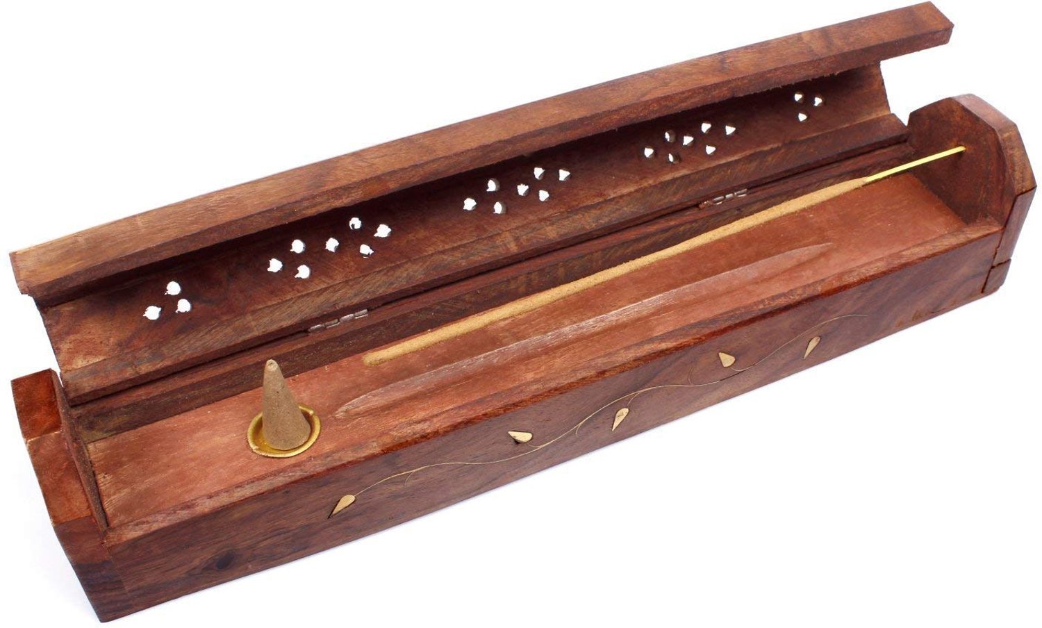 Rookdoos Handgemaakt van Sheesham-hout - Wierookstokjes/Wierookkegels - Opbergvak - Messing Ornamenten - Eerlijke Productie - Mooiste Geuren - Wierookhouder