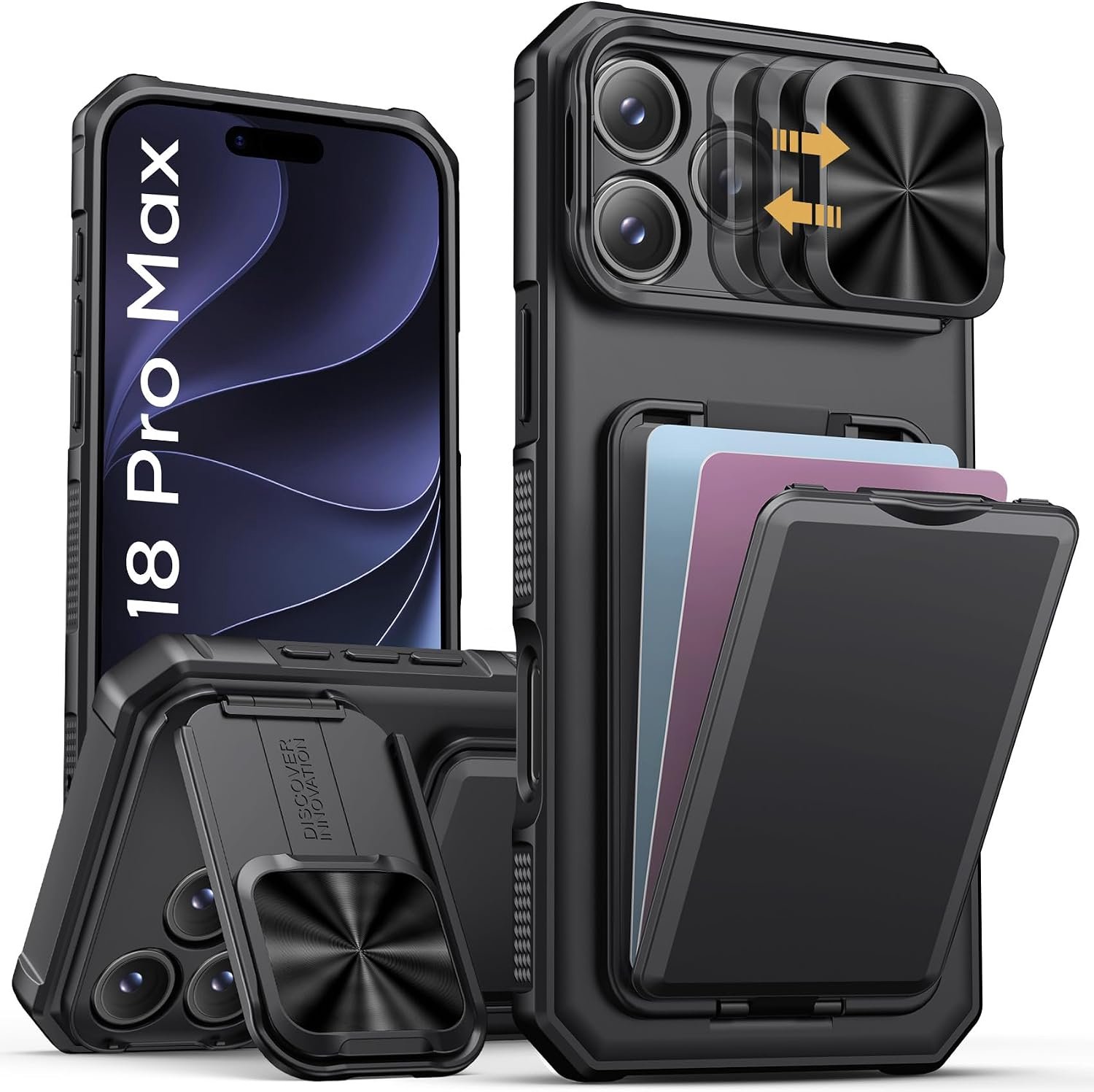 Zandarix Hoesje Geschikt voor Apple iPhone 18 Pro Max - Schuifbare Cameralens bescherming - Militaire Valbescherming - Kaarthouders - Back Cover Hoesje - Zwart