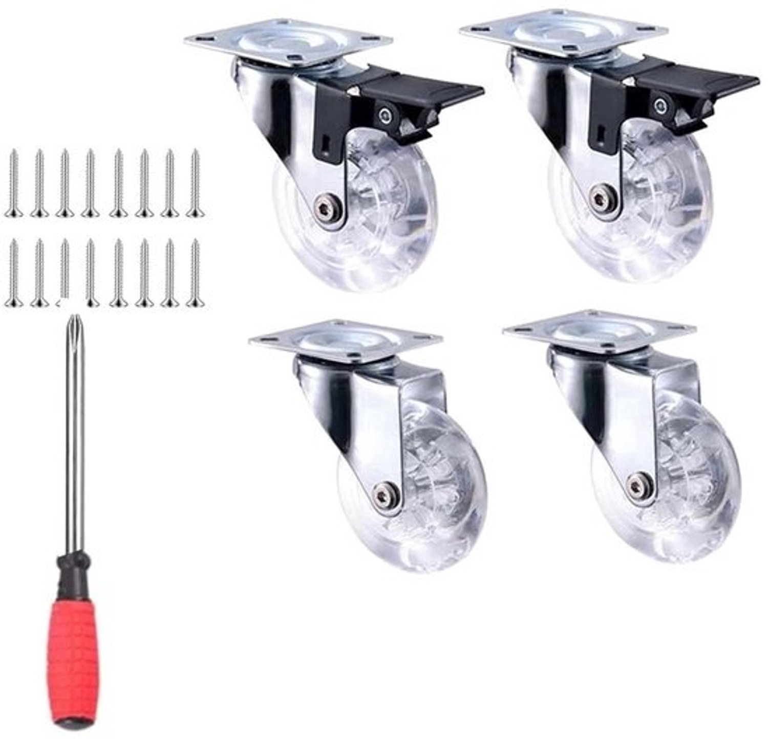 Zwenkwielenset - Meubelwieltjes - Meubels verplaatsen - Met rem - 3 inch - Transparant