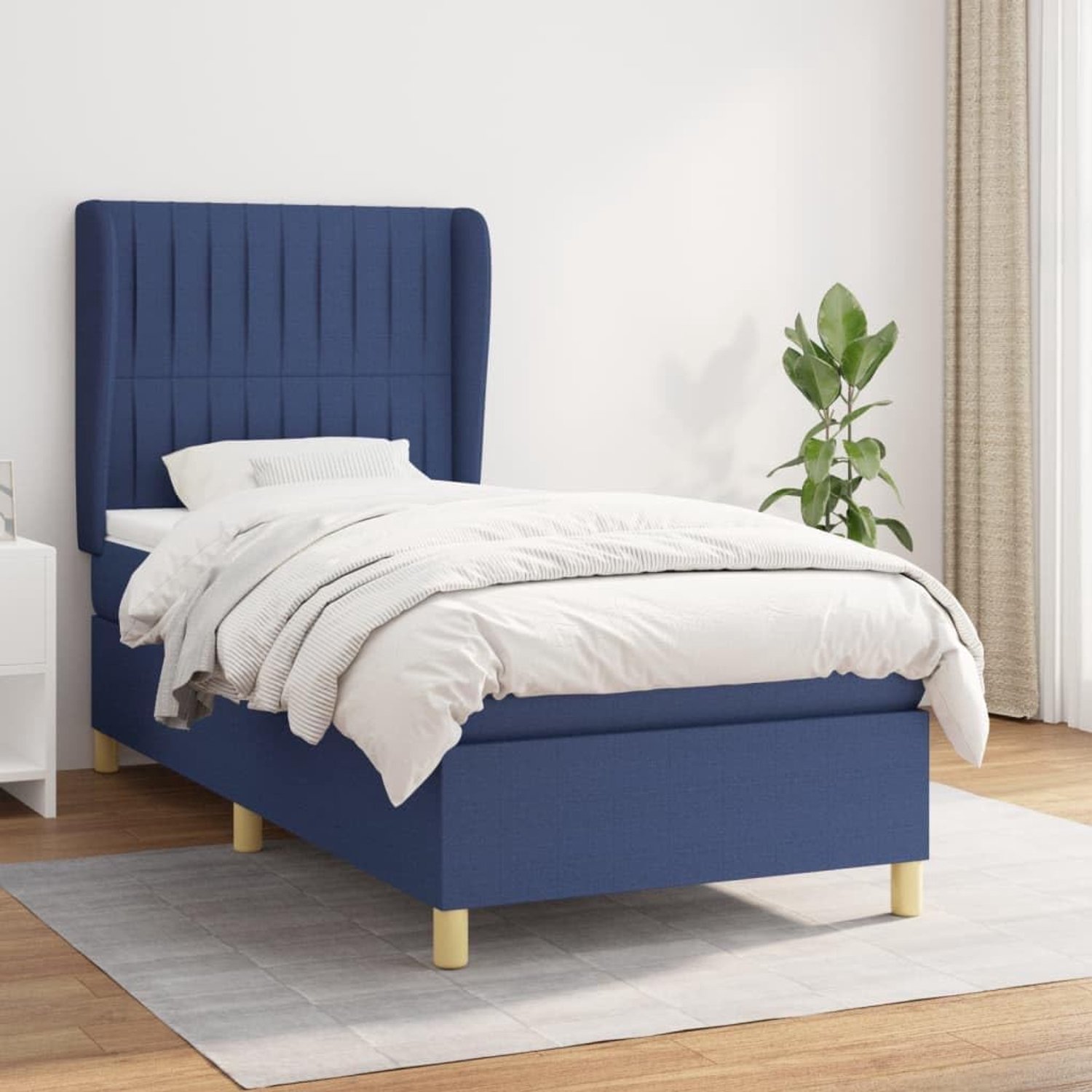 Boxspring met matras stof blauw 100x200 cm pocketvering hoofdbord verstelbaar medium hard matras voor rug en buikslapers ademend duurzaam matrasbeschermer huidvriendelijk