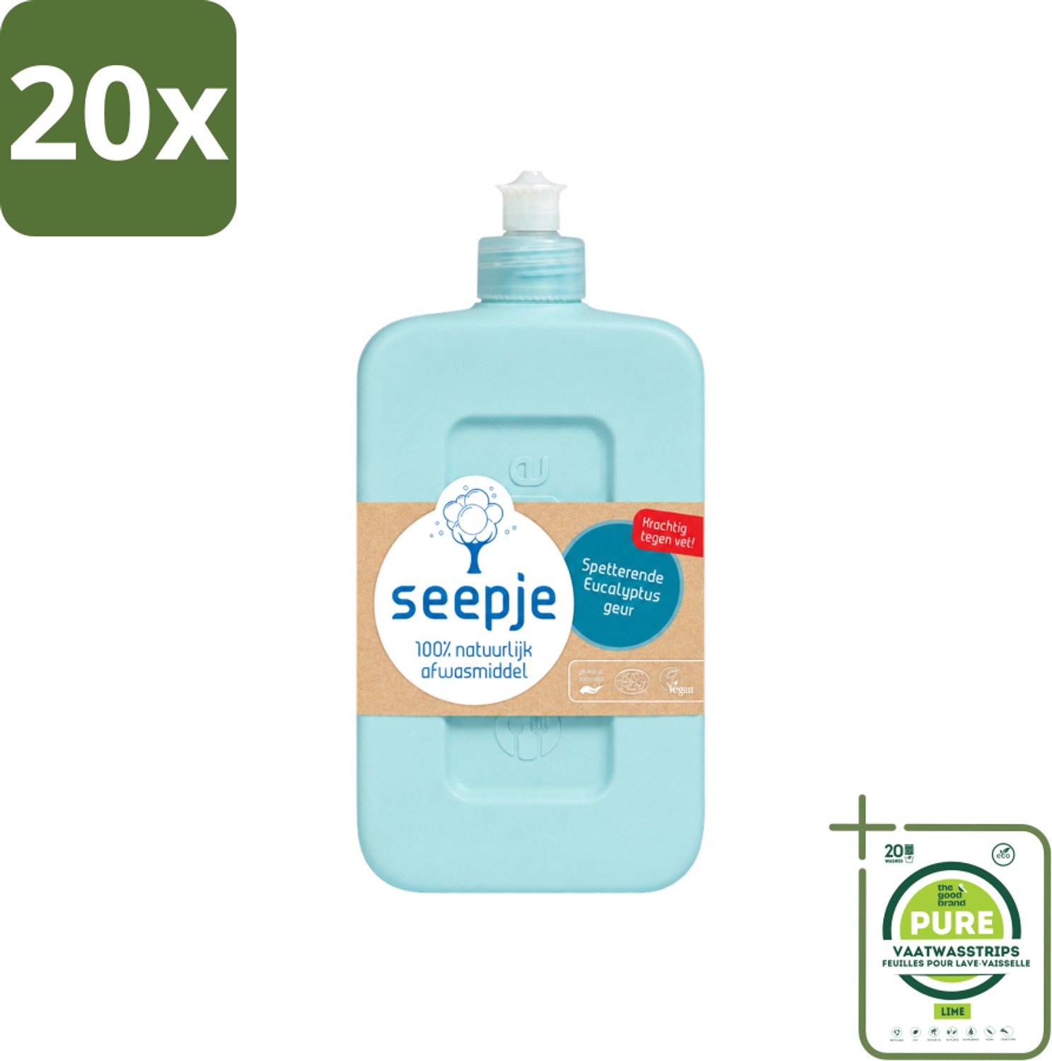 20 x Seepje - Afwasmiddel - Verfrissend & Zacht voor de Handen - Spetterende Eucalyptus - 500 ml - Grootverpakking - Vaatwasstrips - Afwasmiddel - Eucalyptus - Handen Reinigen - Natuurlijk Afwasmiddel - Vet Verwijderen