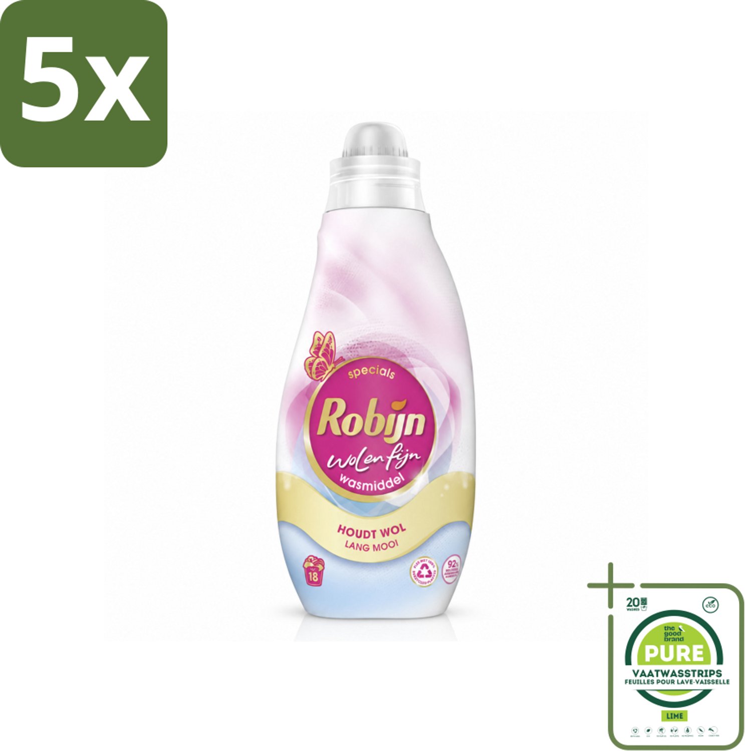 5 x Robijn Specials - Wol & Fijn - Vloeibaar Wasmiddel - 18 Wasbeurten - Grootverpakking - Vaatwasstrips - Wasmiddel Wol En Zijde - Fijne Was Beschermers - Was Voor Delicate Stoffen - Was Voor Wollen Kleding - Was Voor Zijde