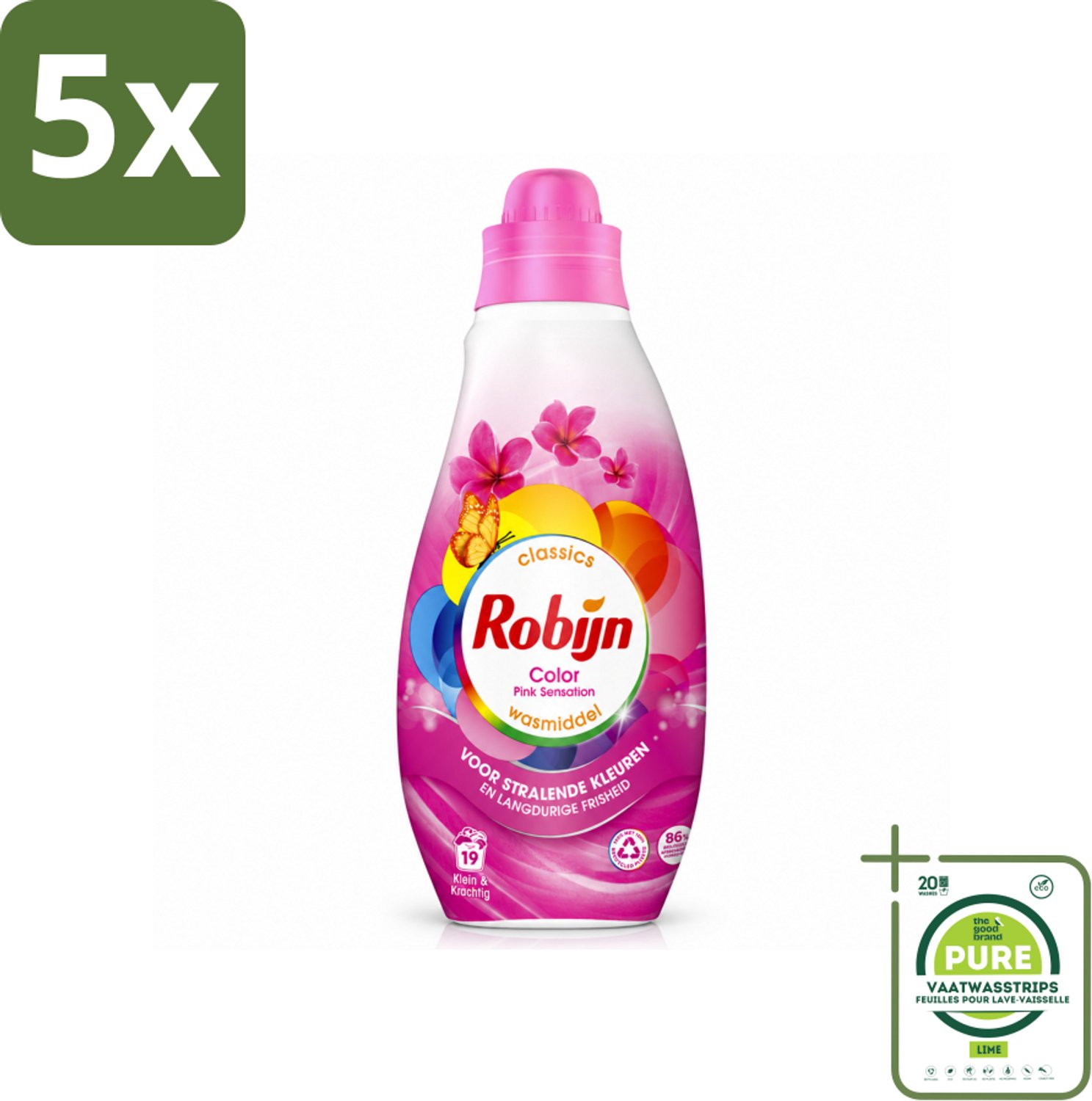 5 x Robijn - Klein & Krachtig Classics Color Pink Sensation - Vloeibaar Wasmiddel - 19 Wasbeurten - Grootverpakking - Vaatwasstrips - Kleurbehoud - Frisse Was - Wasmiddel Voor Gekleurde Kleding - Biologisch Afbreekbaar - Milieuvriendelijk