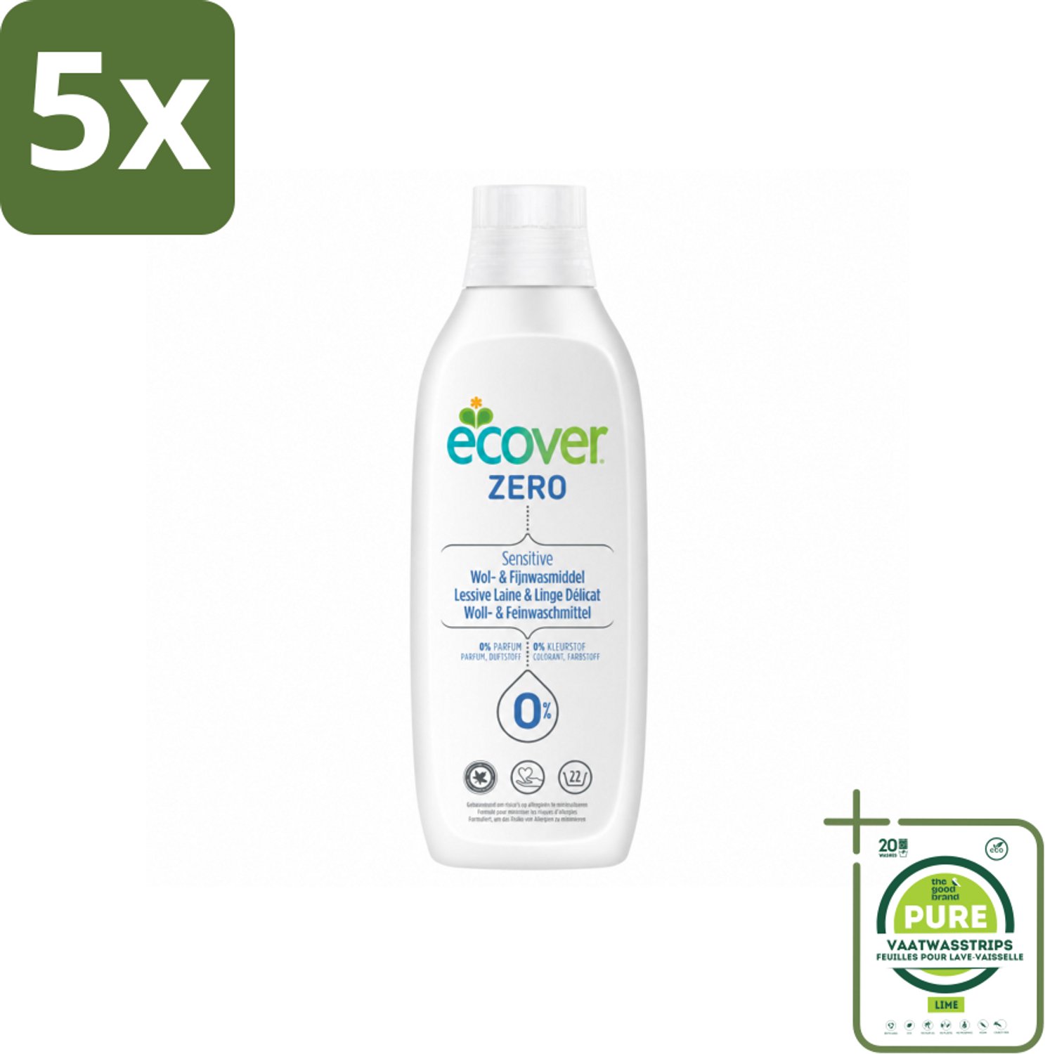 5 x Ecover - Vloeibaar wasmiddel - Wol & Fijnwas - 1 liter - Grootverpakking - Vaatwasstrips - Wasmiddel Wol - Vloeibaar Wasmiddel - Zacht Wasmiddel - Delicate Stoffen - Zacht Was