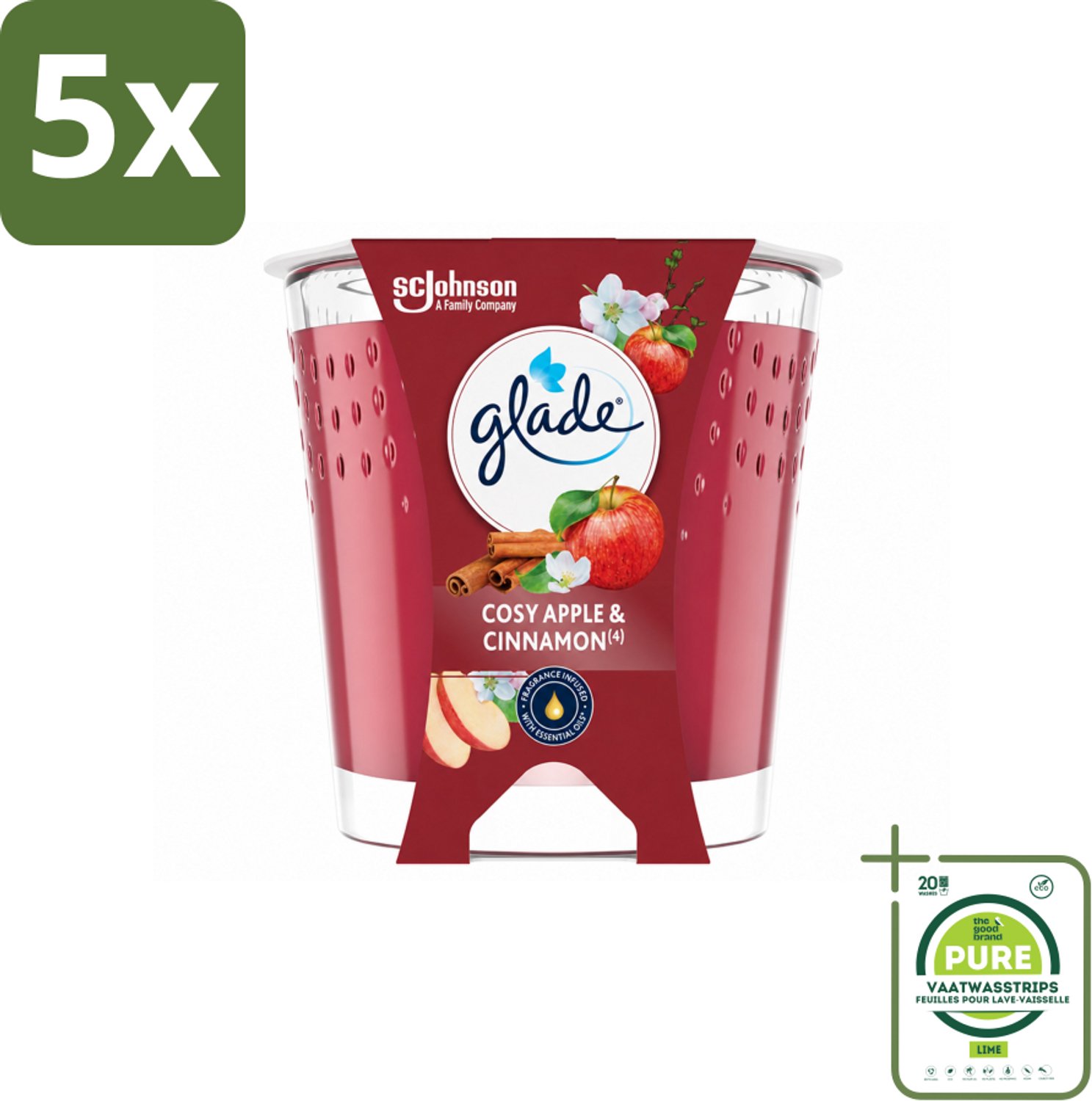 5 x Glade - Geurkaars Cosy Appel Kaneel - 100% Raapzaadwas & Vegan - 112 g - Grootverpakking - Vaatwasstrips - Geurkaars - Vegan - Warme Geur - Appel - Kaneel