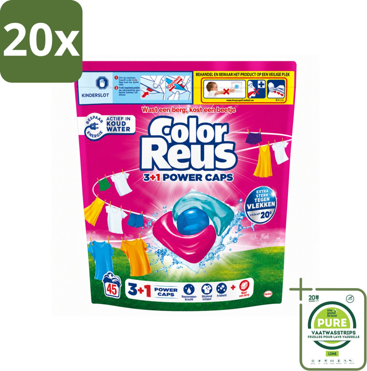 20 x Color Reus - 3+1 Power Caps - Gekleurde Was - 45 Wasbeurten - Grootverpakking - Vaatwasstrips - Was Capsules - Gekleurde Was - Kleurbescherming - Vlekverwijdering - Krachtige Was