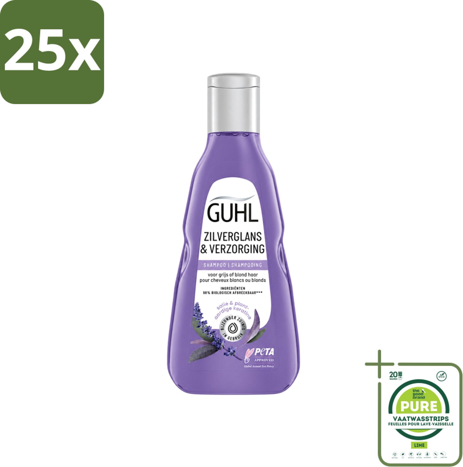 25 x Guhl - Shampoo - Zilverglans & Verzorging - 250 ml - Grootverpakking - Vaatwasstrips - Zilverglans Shampoo - Anti-geel Effect - Grijs Haar Verzorging - Blond Haar Verzorging - Haarkleur Verlichten