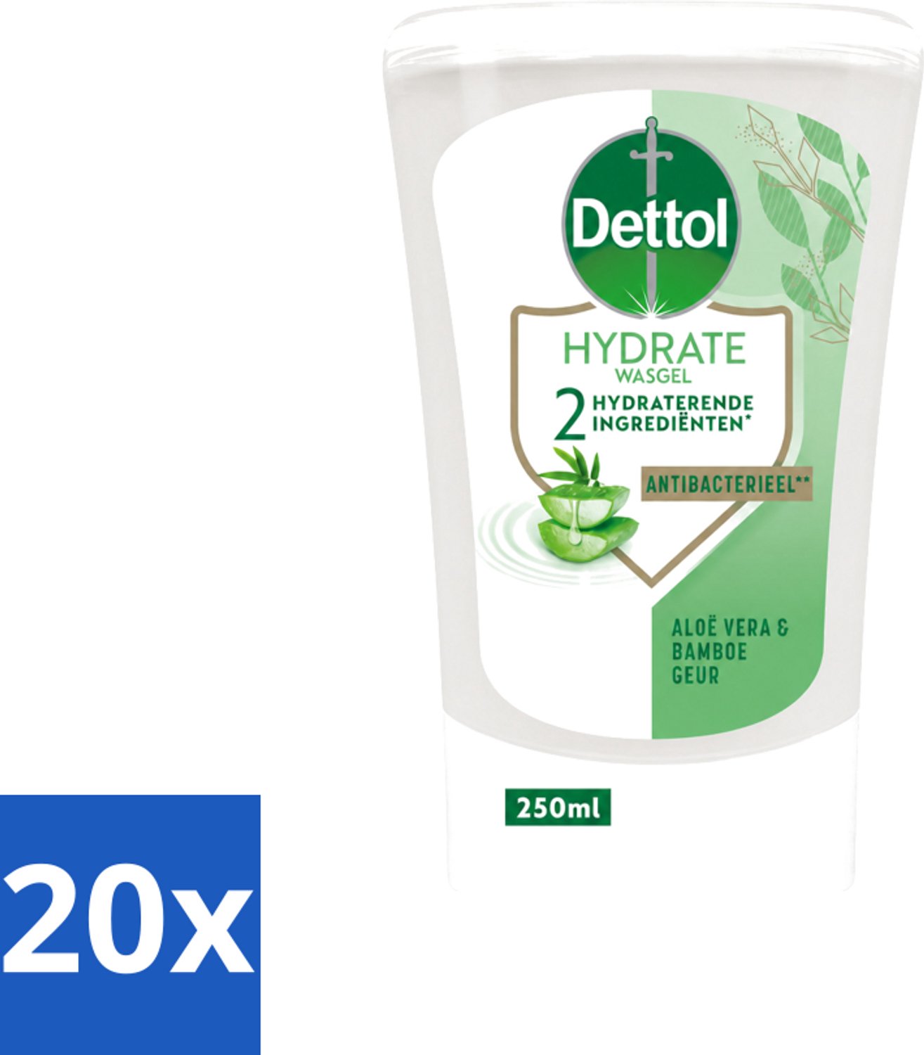 20 x Dettol - Wasgel Navulling - Hydrate - Aloë Vera & Bamboe - 250 ml - Voordeelverpakking - 20 stuks