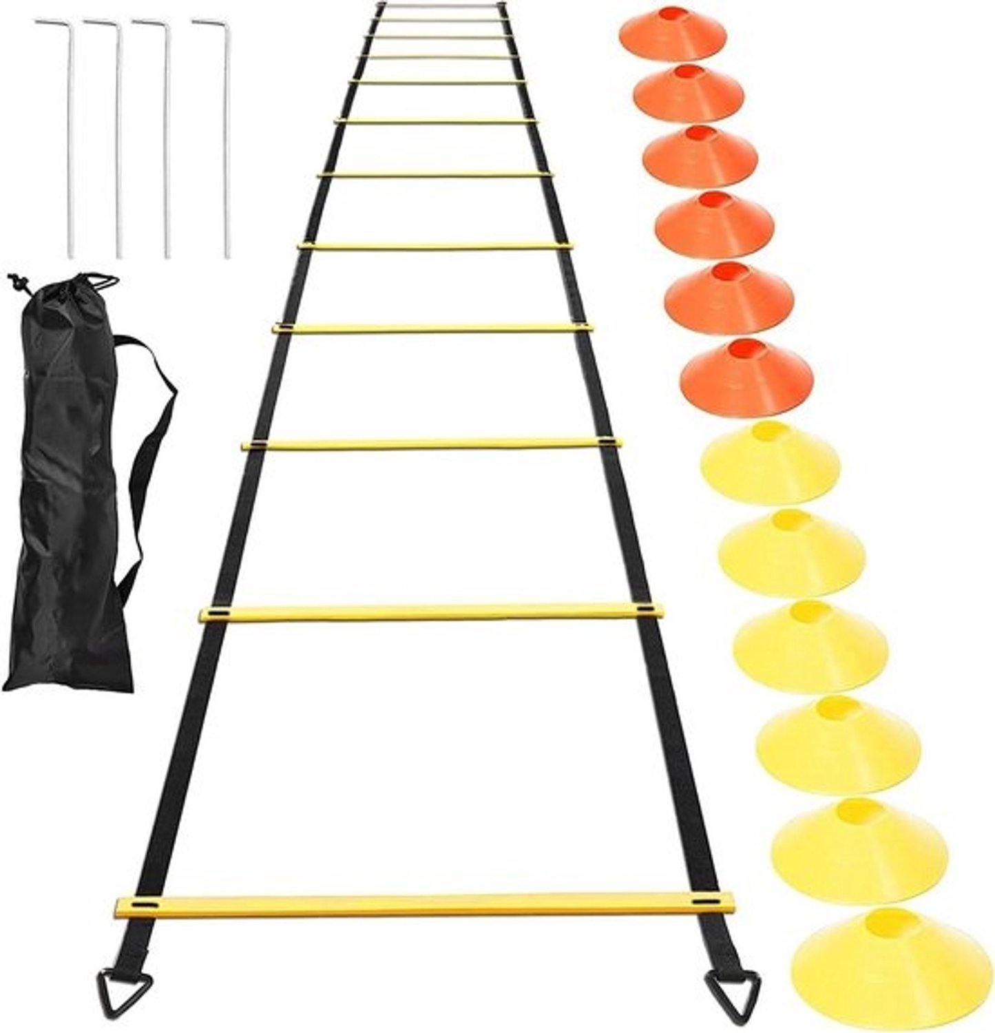 Agility Ladder Set - Voetbaltraining met snelheidsladder - Sportprestaties verbeteren - Verstelbaar ontwerp - 6 meter lengte - Zwart Geel Oranje