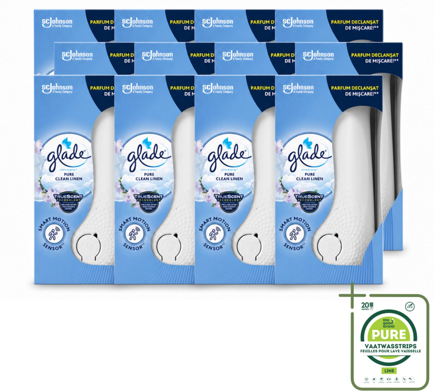 12 x Glade - Houder Sense & Spray - Pure Clean Linen - 18 ml - Grootverpakking - Vaatwasstrips - Geurverspreiding - Luchtverfrisser - Bewegingssensor - Frisse Geur - Linnengoed Geur