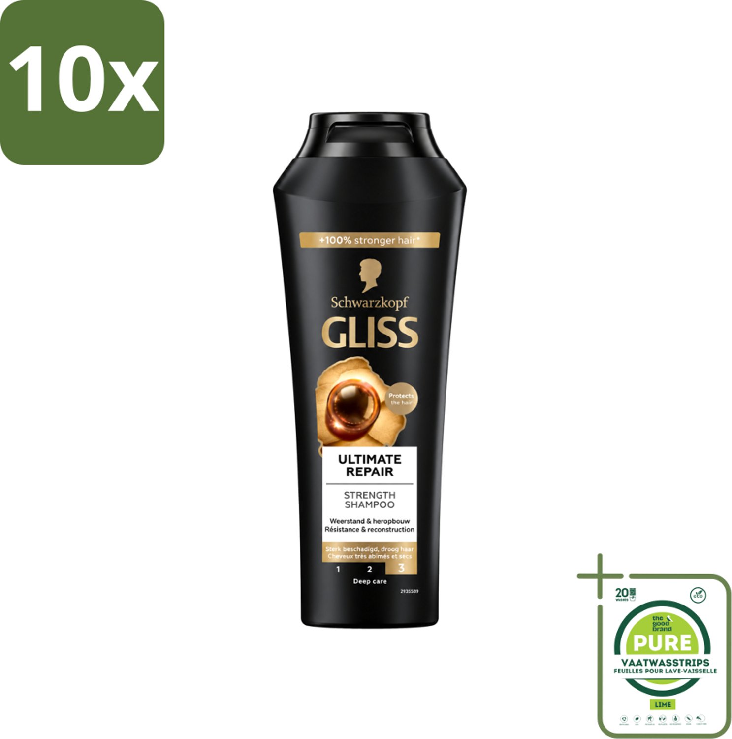 10 x Gliss - Shampoo - Ultimate Repair - Voor Intensief Herstel - 250 ml - Grootverpakking - Vaatwasstrips - Herstel Haar - Beschadigd Haar - Droog Haar - Haarbreuk - Keratine