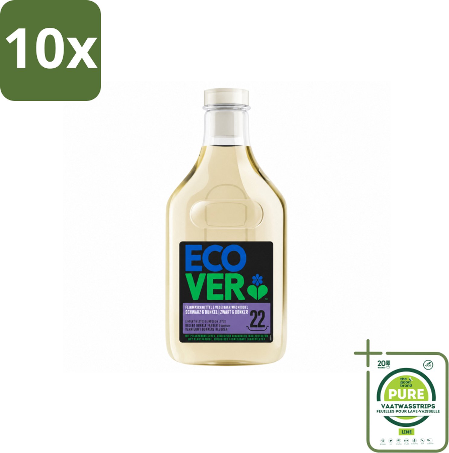 10 x Ecover - Vloeibaar wasmiddel - Zwart & Donker - 1 liter - 22 wasbeurten - Grootverpakking - Vaatwasstrips - Donker Wasmiddel - Kleurbehoud - Kleuroverdracht Voorkomen - Ecologisch Wasmiddel - Plantaardig Wasmiddel