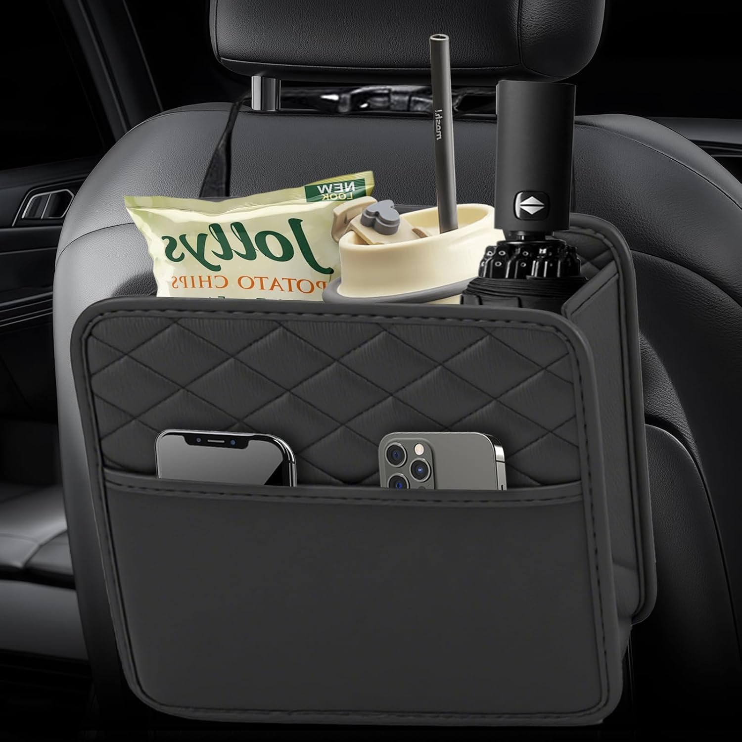 Autostoelrugleuning, waterdichte PU-lederen organizer voor autoopslag, grote opvouwbare universele hangende autostoelrugleuning organizer voor telefoons, speelgoed, documenten
