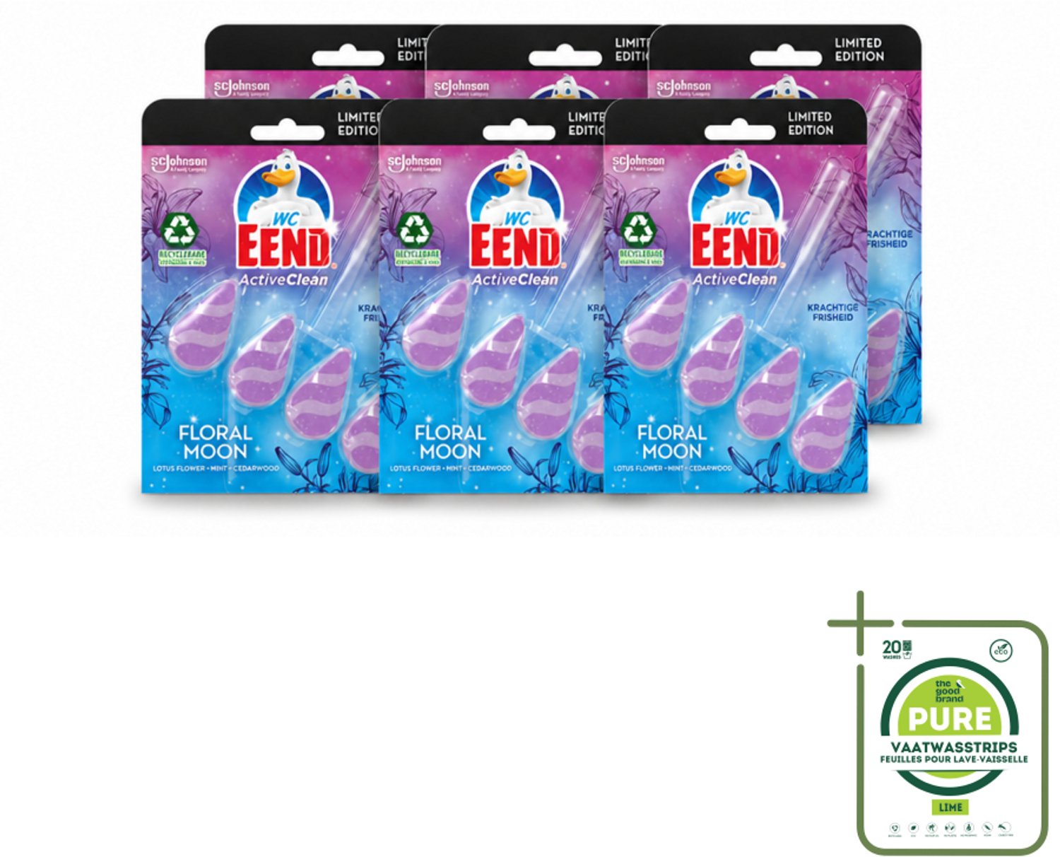 6 x WC Eend - Active Clean Floral Moon - Toiletblok - Lotus, Munt & Cederhout Geur - 38 gr - Grootverpakking - Vaatwasstrips - Toiletblok - Geur - Reiniging - Actieve Reiniging - Toilet