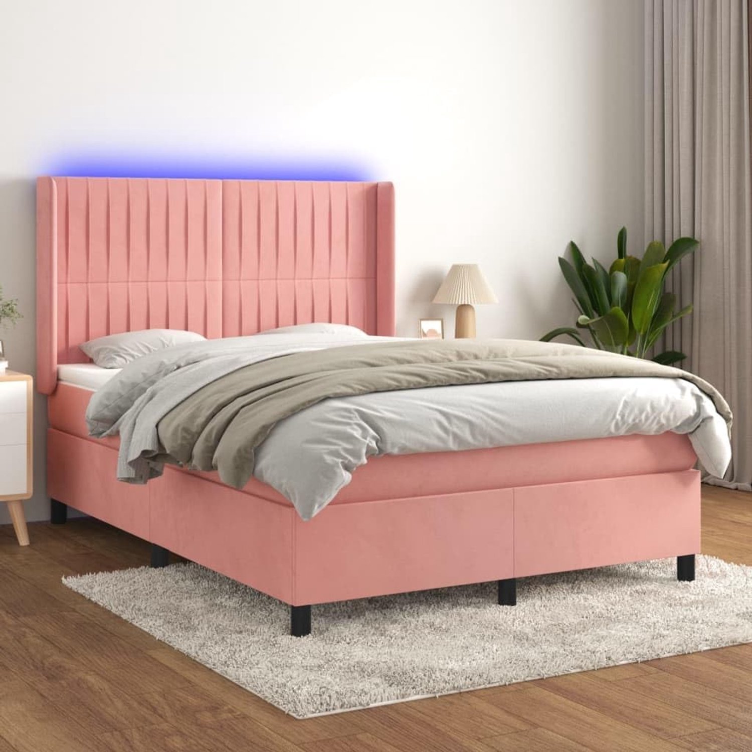 Boxspringbed met matras en led in roze, 140 x 200 cm, fluweel, in hoogte verstelbaar hoofdbord, pocketveringmatras voor een goede nachtrust, gekleurde ledstrip