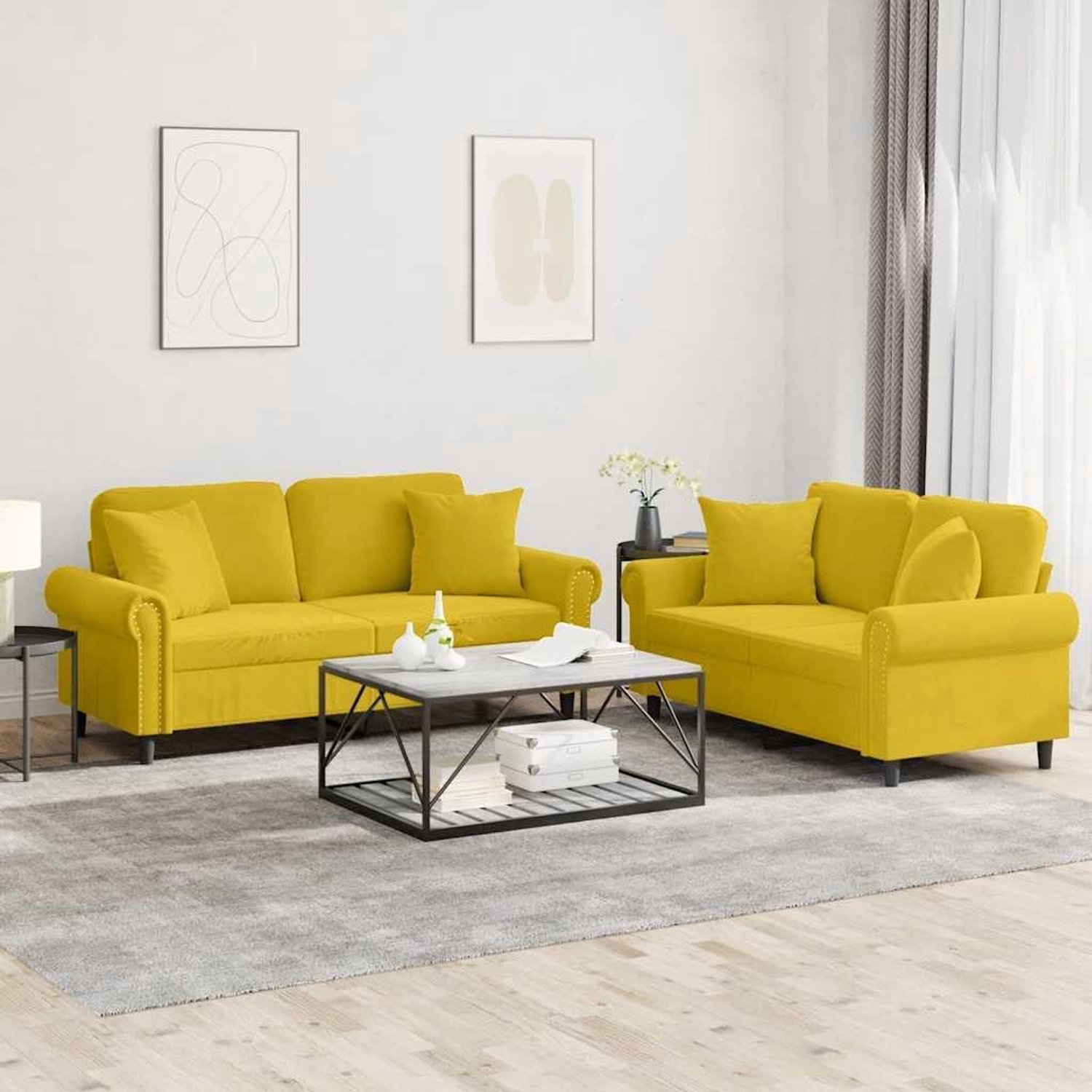 2-delige bankset met kussen, geel fluweel, zachte velours sofaset met bekleding, robuust frame van multiplex en metaal voor de woonkamer, comfortabele zitervaring met 4