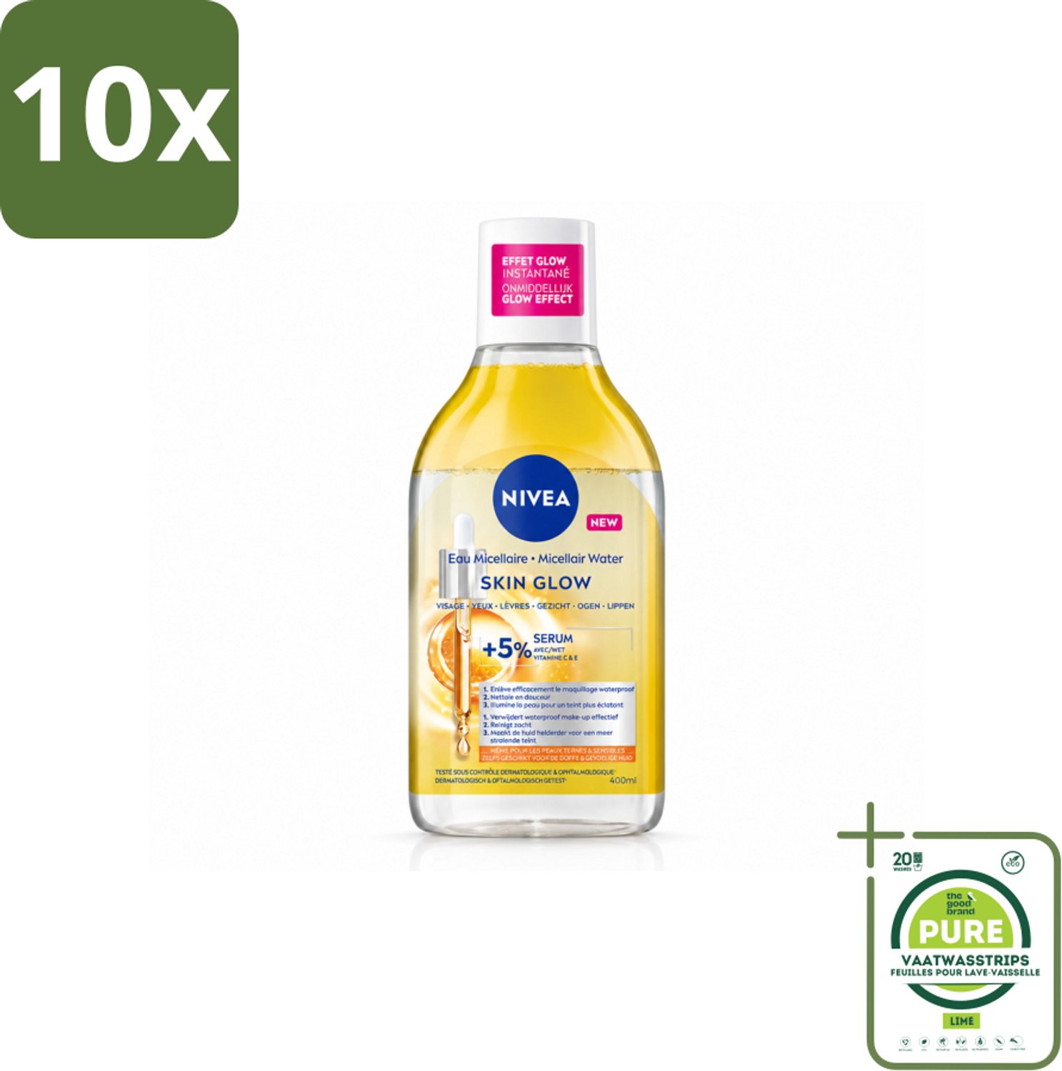 10 x NIVEA - Micellair Water - Serum Verrijkt Stralend - Verwijdert Waterbestendige Make-up - 400 ml - Grootverpakking - Vaatwasstrips - Micellair Water - Reinigen - Stralende Huid - Gevoelige Huid - Hydratatie