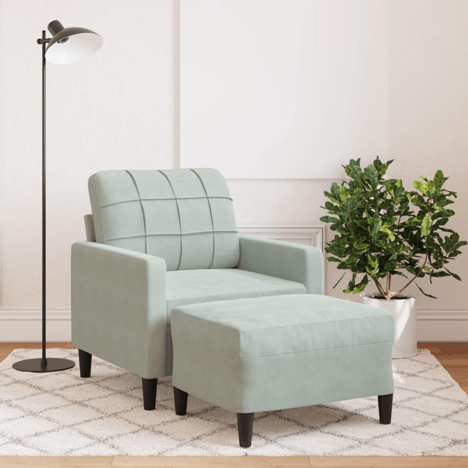 Fauteuil met kruk lichtgrijs 60 cm fluwelen bekleding metalen frame woonkamer zitmeubel