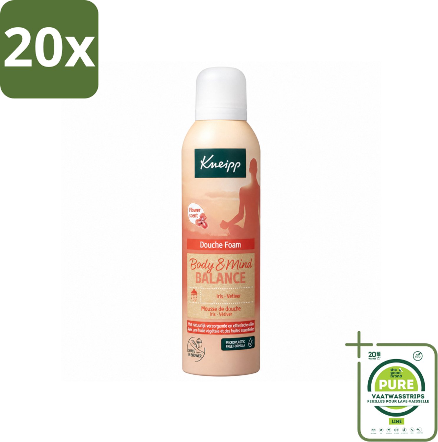 20 x Kneipp - Douche schuim - Body & Mind Balance - Iris & Vetiver - 200 ml - Grootverpakking - Vaatwasstrips - Douche Foam - Rust - Ontspanning - Balans - Huidverzorging