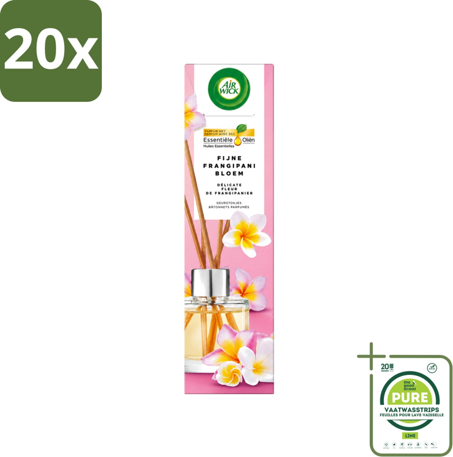 20 x Air Wick - Geurstokjes - Delicate Frangipani Bloemen - Essentiële Oliën - 40 ml - Grootverpakking - Vaatwasstrips - Geurstokjes - Frangipani - Geur - Essentiële Oliën - Exotische Geur