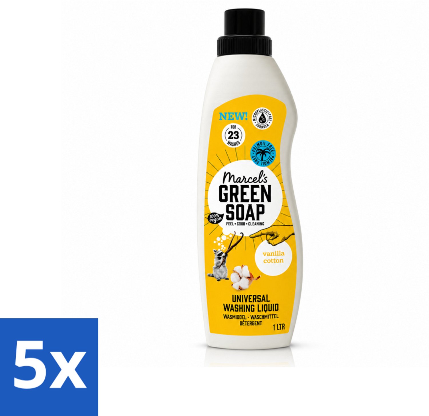 5 x Marcel's Green Soap - Vloeibaar Wasmiddel - Katoen & Vanille - Effectief & natuurlijk - 23 Wasbeurten - 1 Liter - Voordeelverpakking - 5 stuks