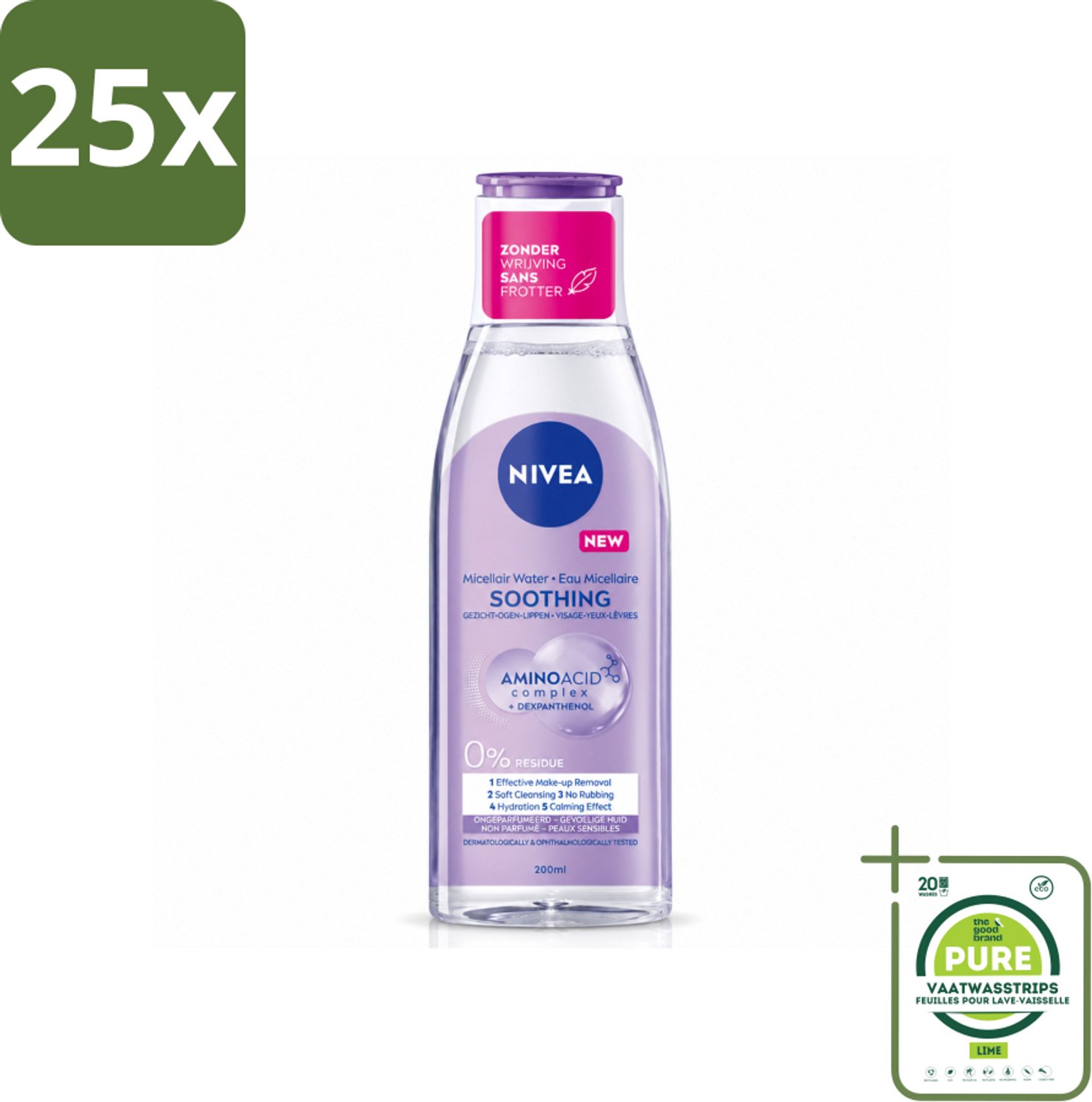 25 x NIVEA - Micellair Water - Gevoelige Huid - Anti-Restant - Verwijdert Waterbestendige Make-up - 200 ml - Grootverpakking - Vaatwasstrips - Micellair Water - Gevoelige Huid - Make-up Remover - Anti-residu - Reiniging