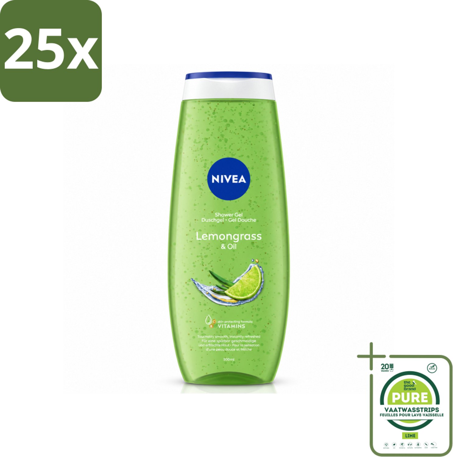 25 x NIVEA - Douchegel - Citroengras & Olieverzorging - Glad & Verfrissend Huidgevoel - 500 ml - Grootverpakking - Vaatwasstrips - Douchegel - Natuurlijke Oliën - Citroengras - Huid Verzorging - Frisse Geur