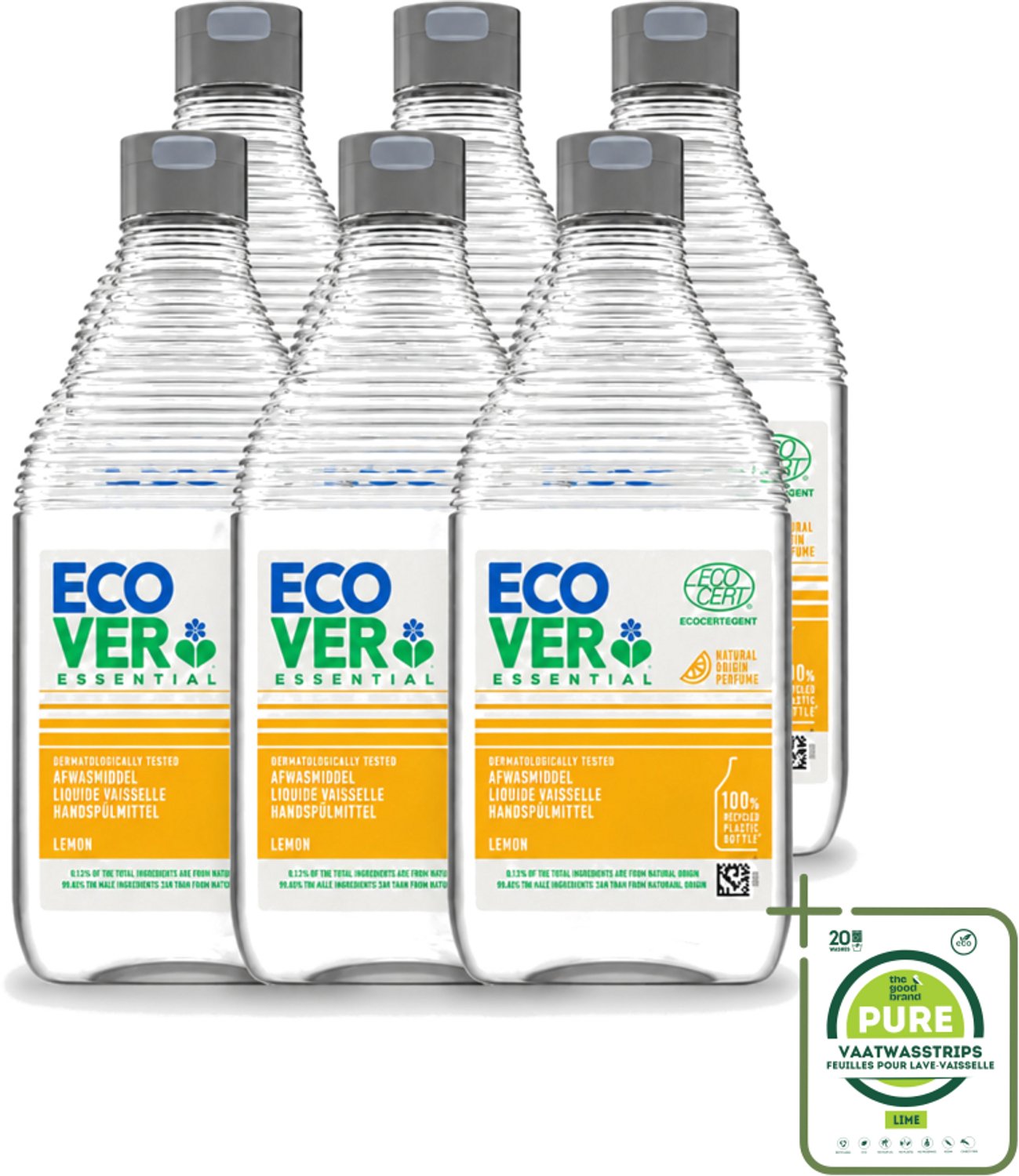 6 x Ecover - Afwasmiddel Essential - Citroen - 450 ml - Grootverpakking - Vaatwasstrips - Afwasmiddel Citroen - Plantaardig Afwasmiddel - Ecologisch Afwasmiddel - Duurzaam Afwasmiddel - Fris Afwasmiddel