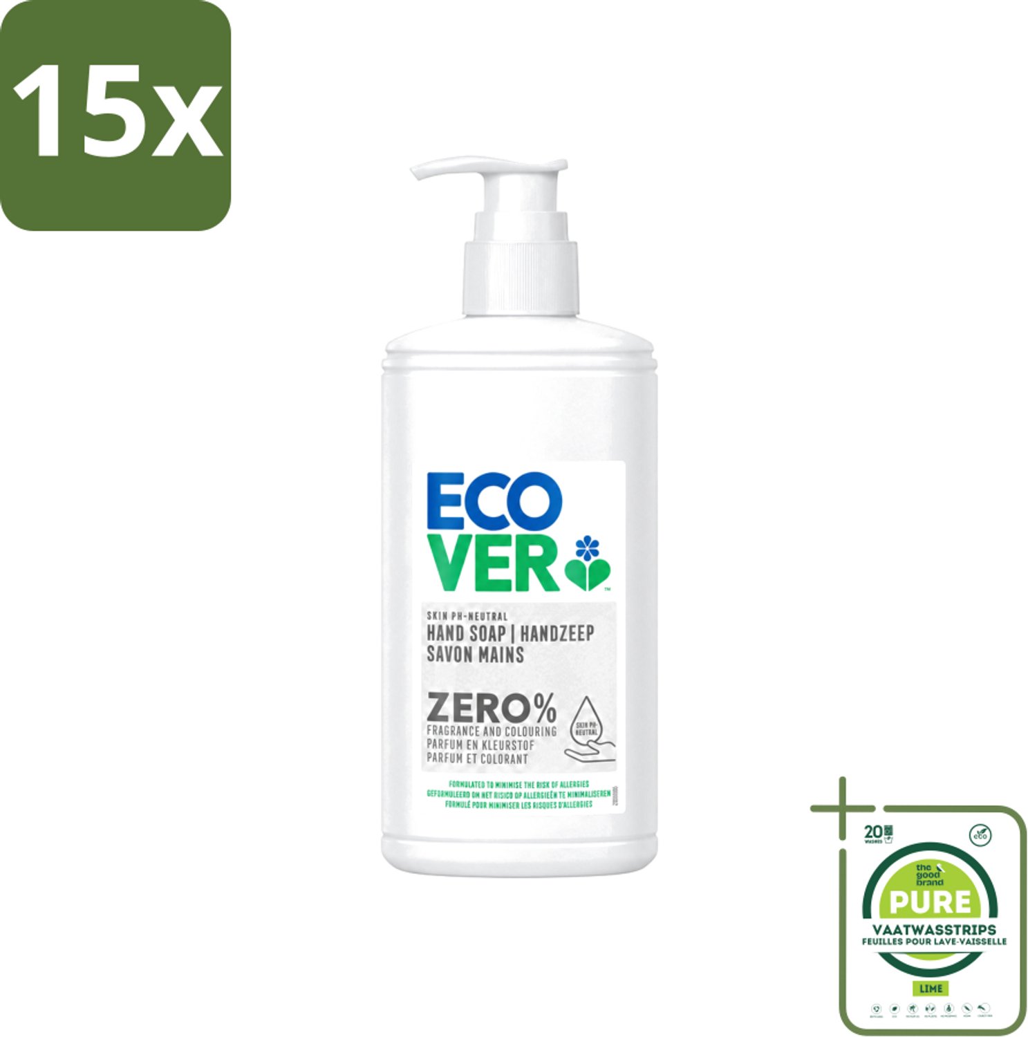 15 x Ecover - Handzeep ZERO - Parfumvrij - 250 ml - Grootverpakking - Vaatwasstrips - Handzeep - Parfumvrije Handzeep - Hypoallergene Handzeep - Gevoelige Huid - Eczeem